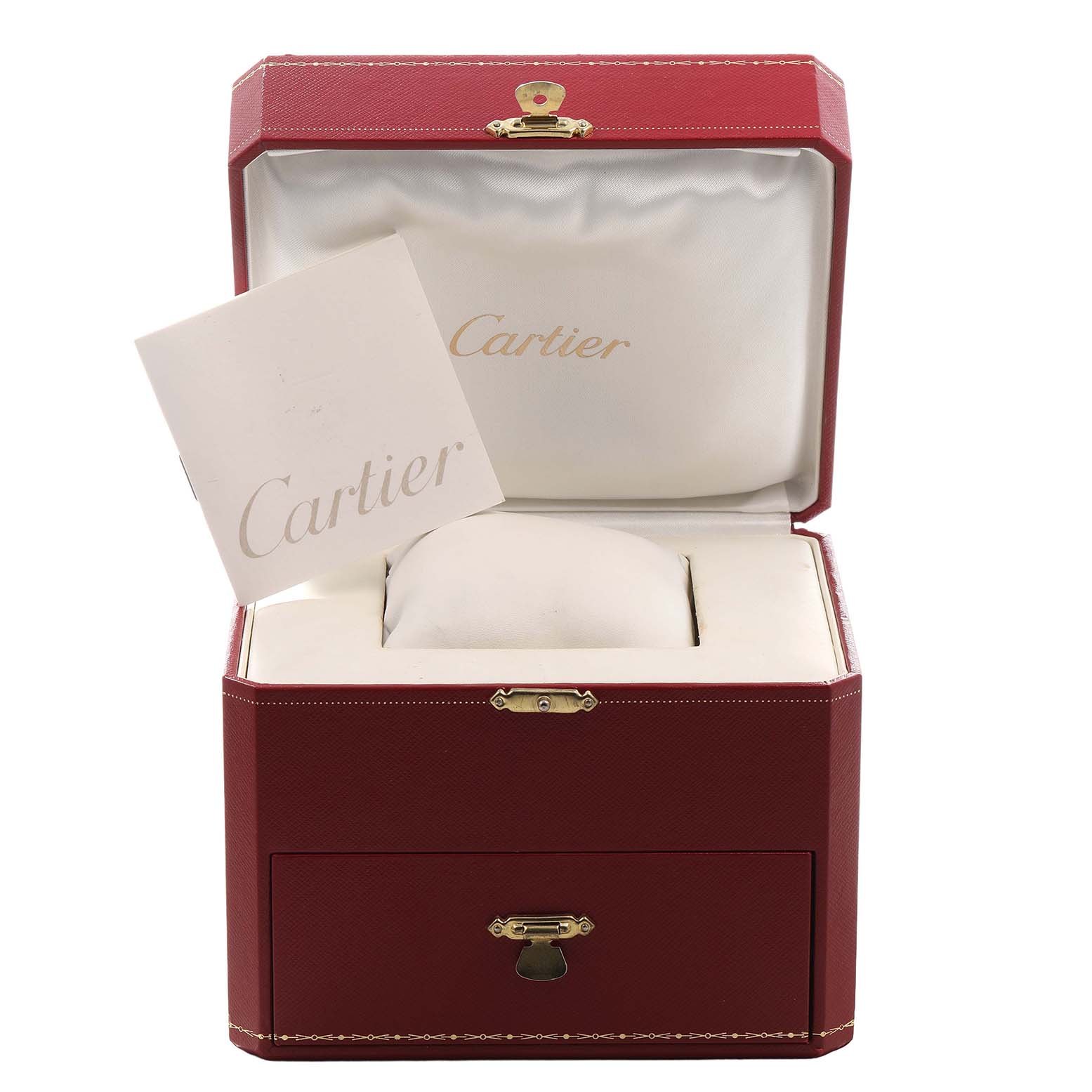 The image shows an open Cartier Santos WF9011Z8 Women's Rose Gold Silver Dial watch box with a pillow and an accompanying booklet.