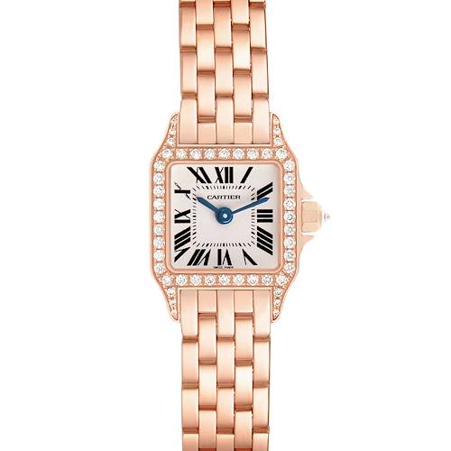 The Cartier Santos WF9011Z8 Women's Rose Gold Silver Dial watch is shown from a front angle, displaying its square face, diamond bezel, and linked bracelet.