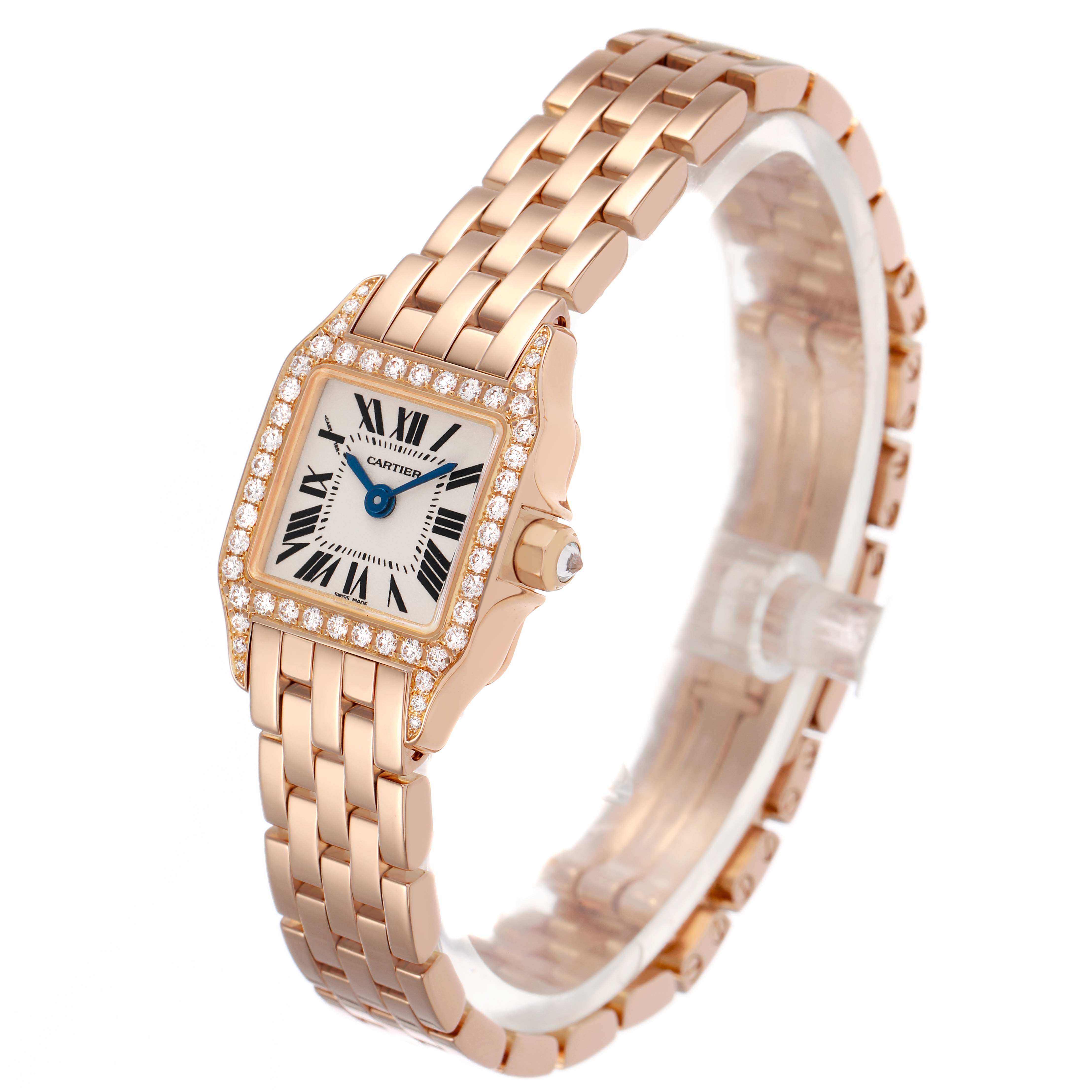 The Cartier Santos WF9011Z8 Women's Rose Gold Silver Dial watch is shown at a three-quarter angle, highlighting the diamond-studded bezel and linked bracelet.