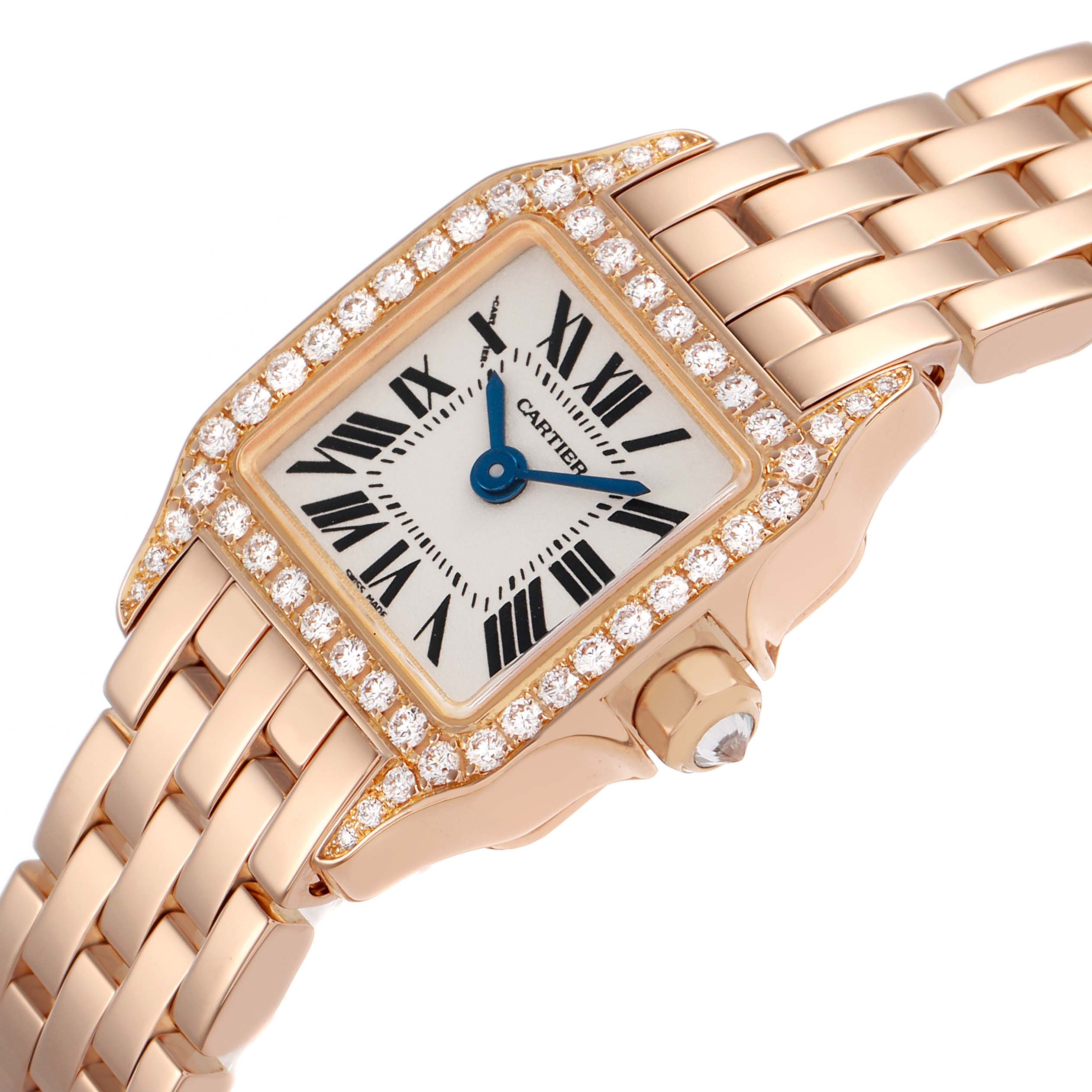 The Cartier Santos WF9011Z8 Women's Rose Gold Silver Dial watch is shown at an angled close-up, displaying the diamond-encrusted bezel, dial, hands, and part of the bracelet.