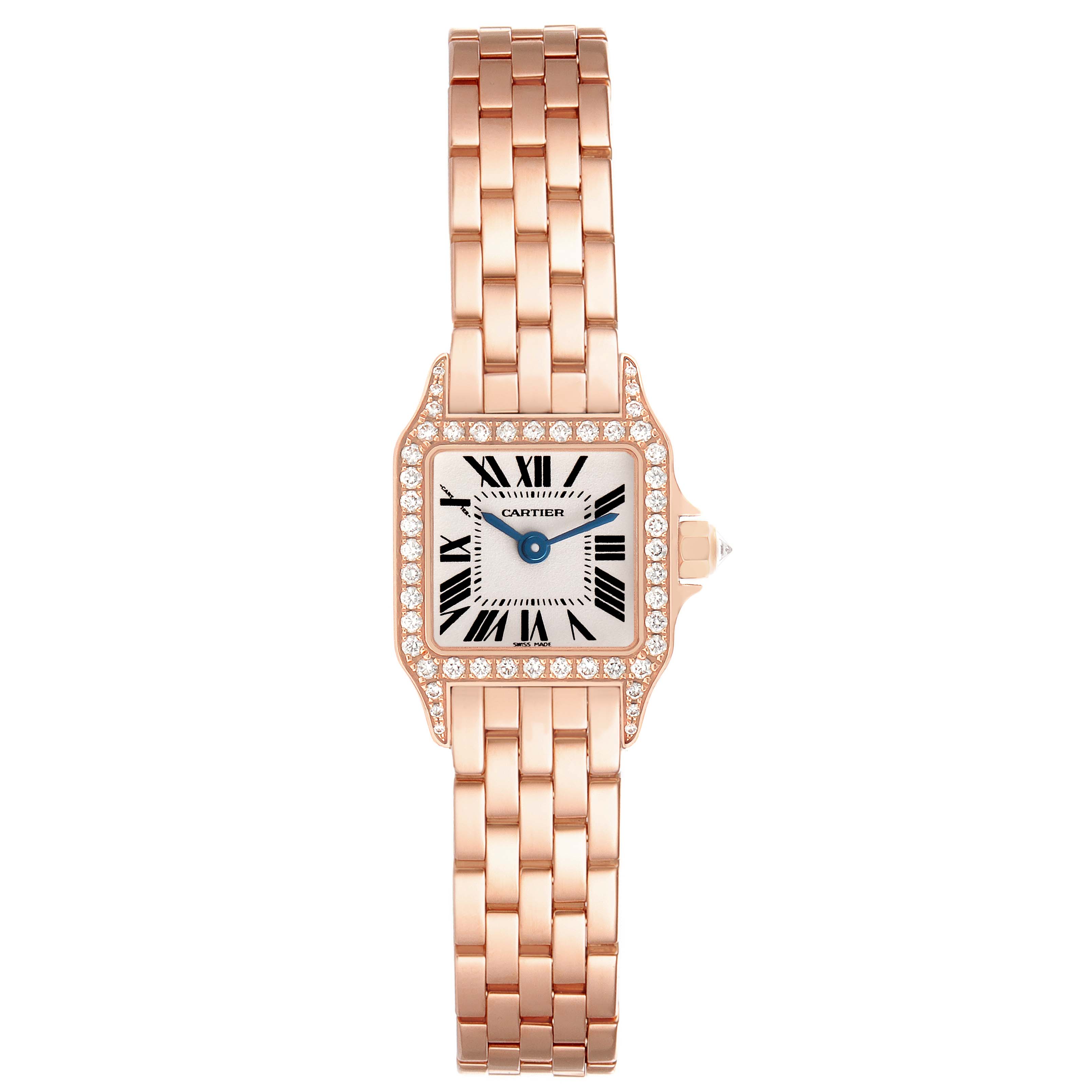 The Cartier Santos WF9011Z8 Women's Rose Gold Silver Dial watch is shown from the front, highlighting the square face, bezel with diamonds, and metal link bracelet.