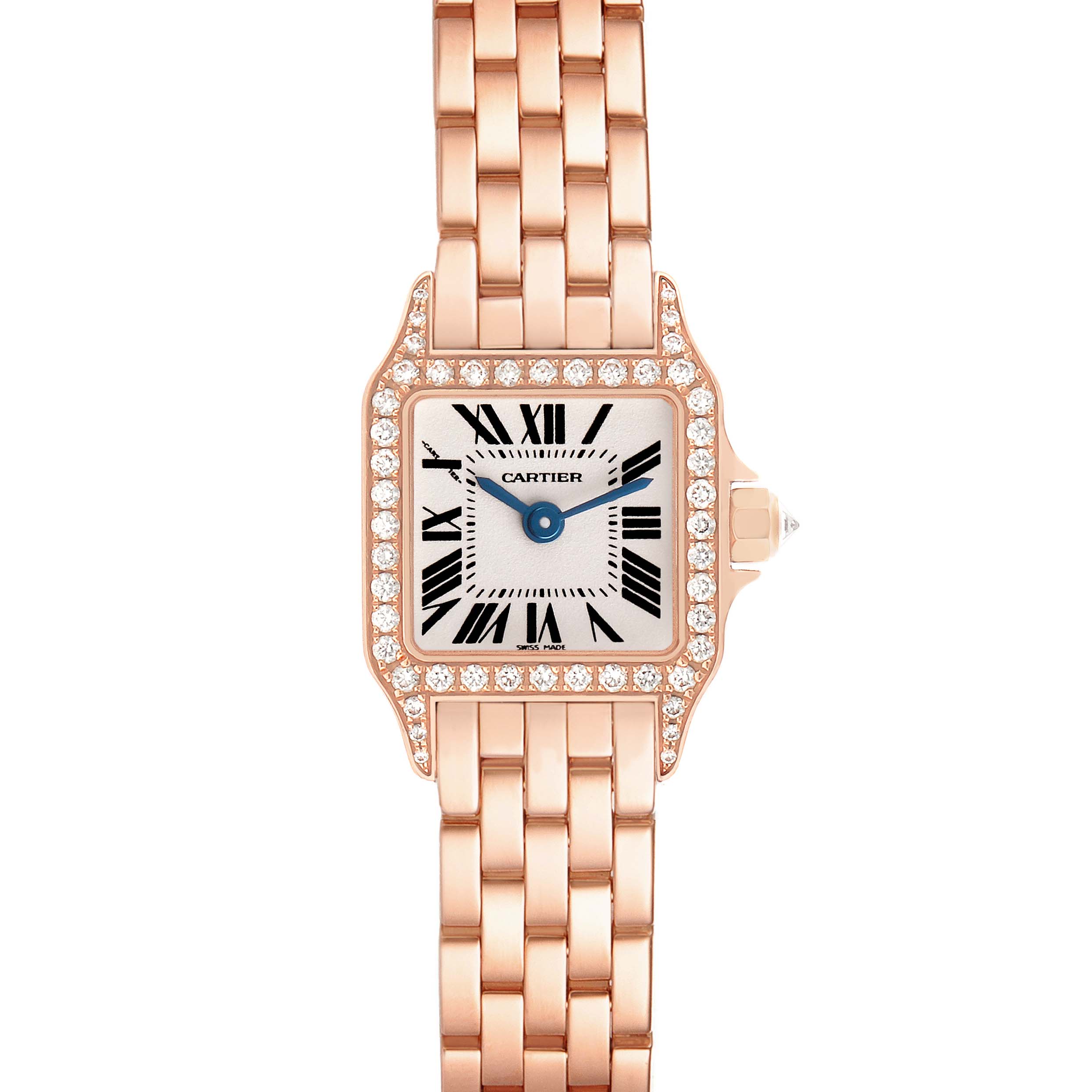 The Cartier Santos WF9011Z8 Women's Rose Gold Silver Dial watch is shown from the front, highlighting its square face, diamond-encrusted bezel, and metal bracelet.