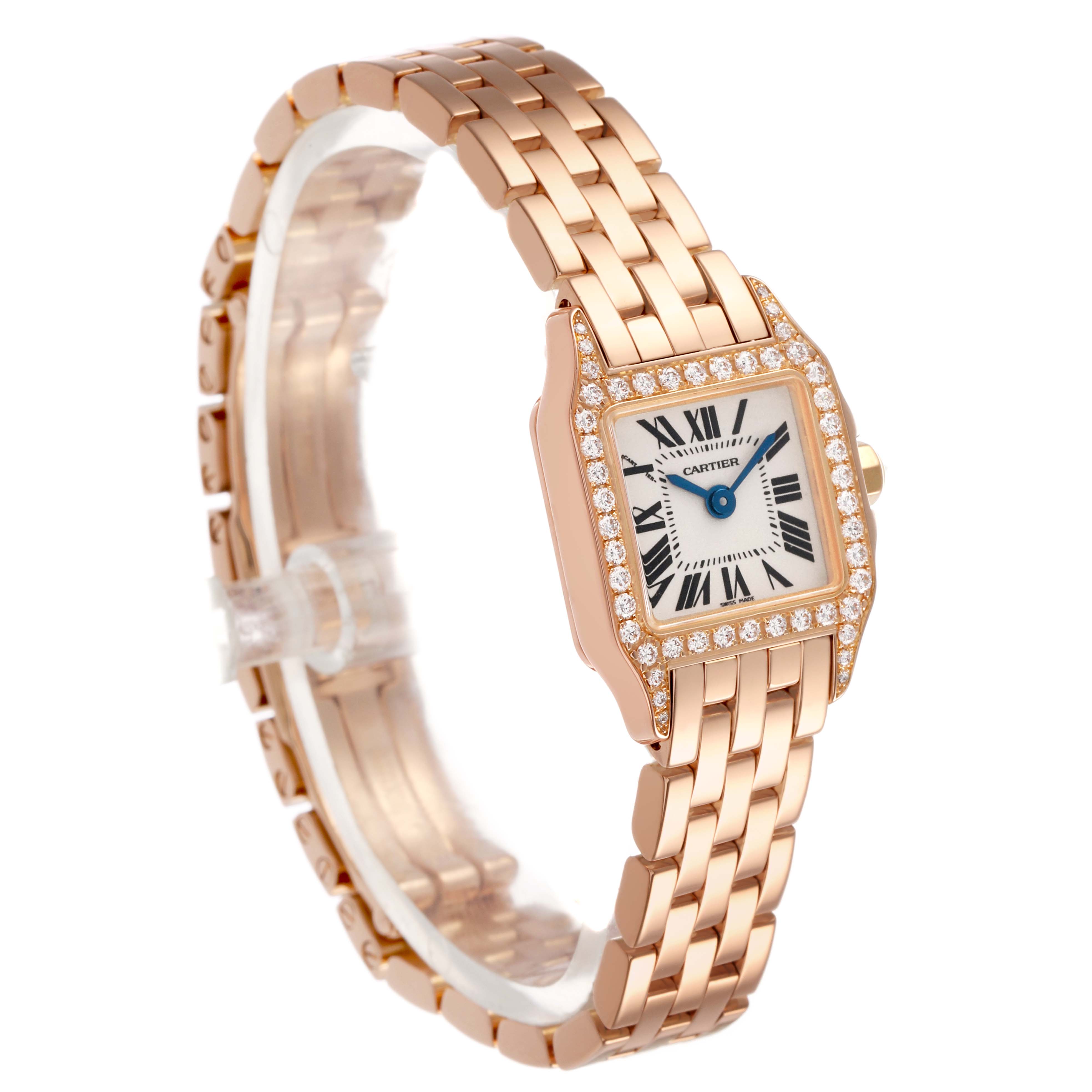The image shows a Cartier Santos WF9011Z8 Women's Rose Gold Silver Dial watch at a three-quarter angle, highlighting its diamond-studded bezel and bracelet.