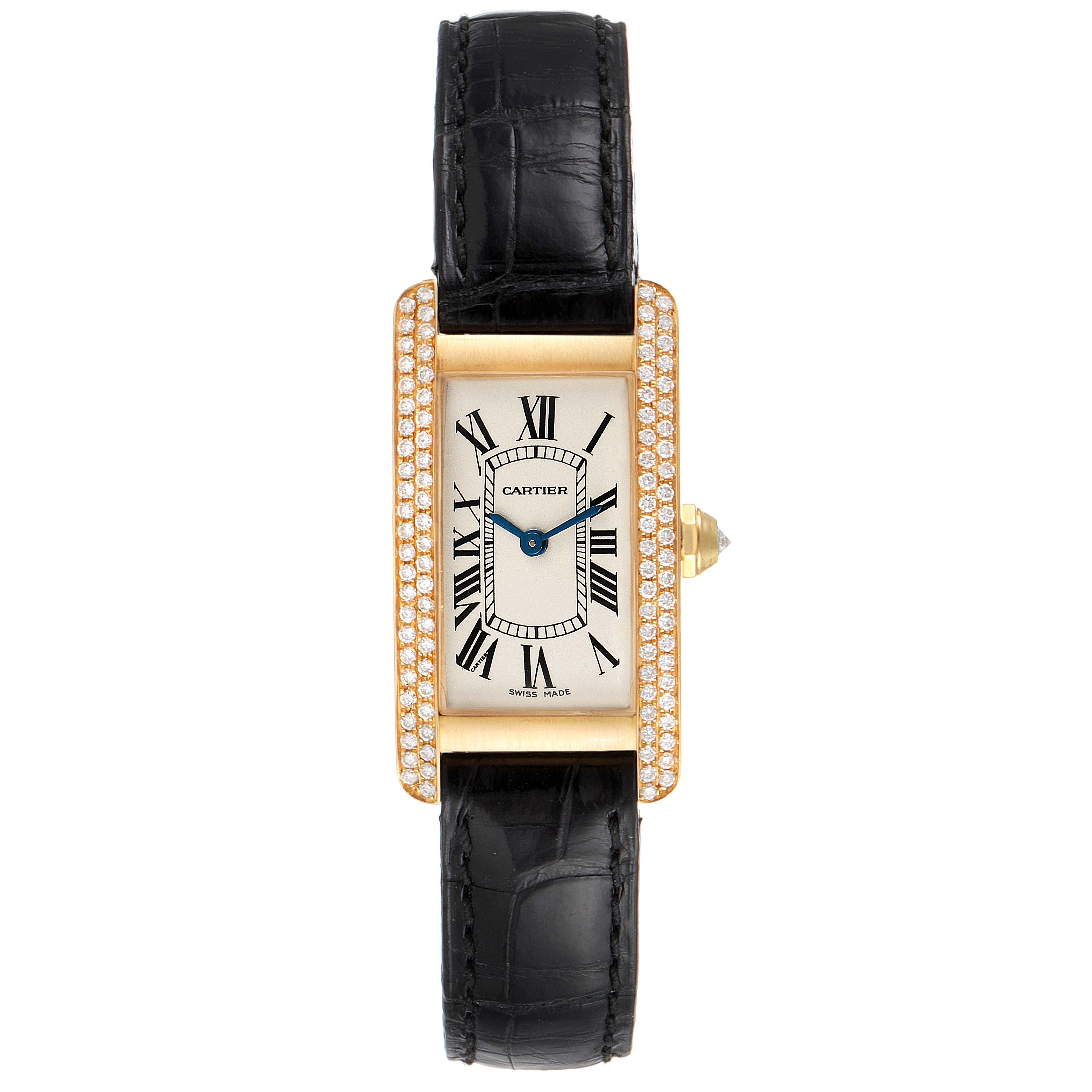 This image shows a Cartier Tank Americaine WB701251 Women's Yellow Gold Silver Dial WB701251 Women's Yellow Gold Silver Dial watch from a front view, featuring a leather strap, rectangular face, and diamond-studded bezel.