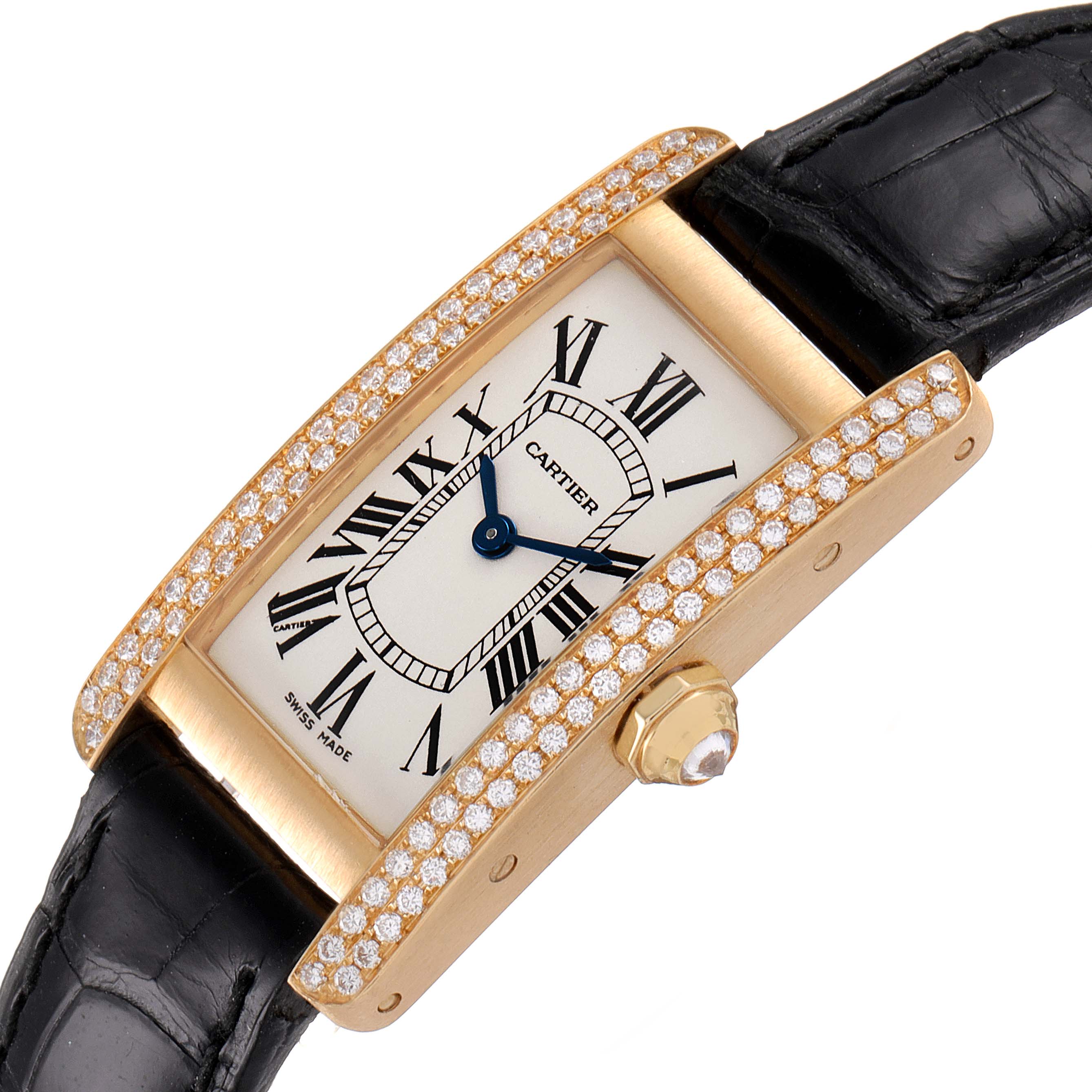 The image shows a Cartier Tank Americaine WB701251 Women's Yellow Gold Silver Dial WB701251 Women's Yellow Gold Silver Dial watch at an angled view, featuring the face, dial, crown, and part of the strap.