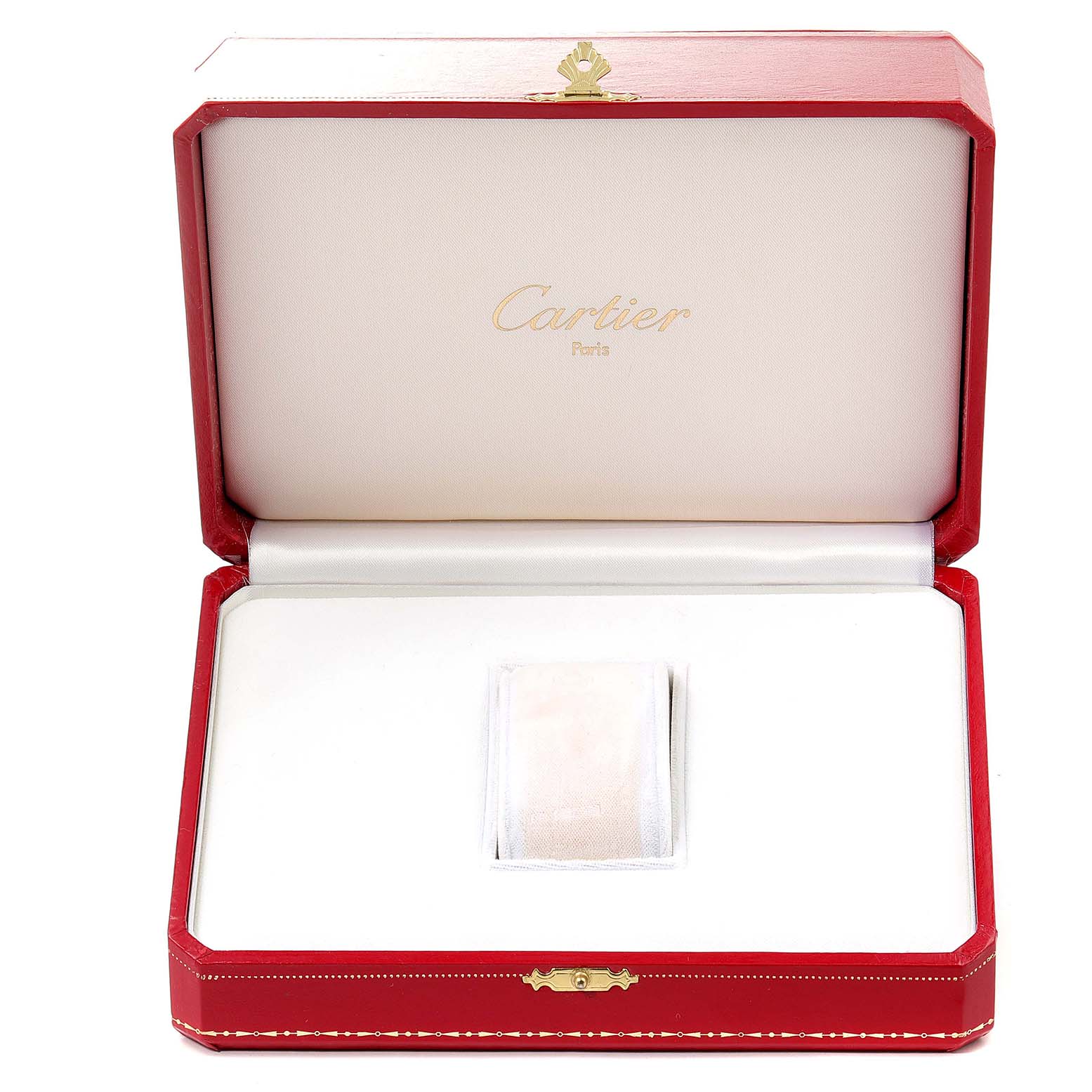 This is an open Cartier Tank Americaine WB701251 Women's Yellow Gold Silver Dial WB701251 Women's Yellow Gold Silver Dial watch box shown from a front angle, displaying the interior cushion.