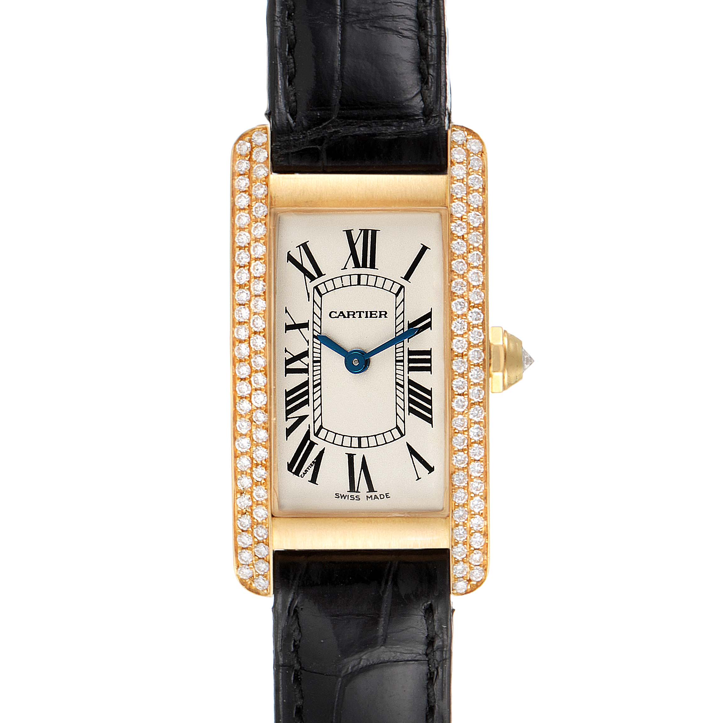 The image shows a frontal view of a Cartier Tank Americaine WB701251 Women's Yellow Gold Silver Dial WB701251 Women's Yellow Gold Silver Dial watch with a gold case encrusted with diamonds and a black leather strap.