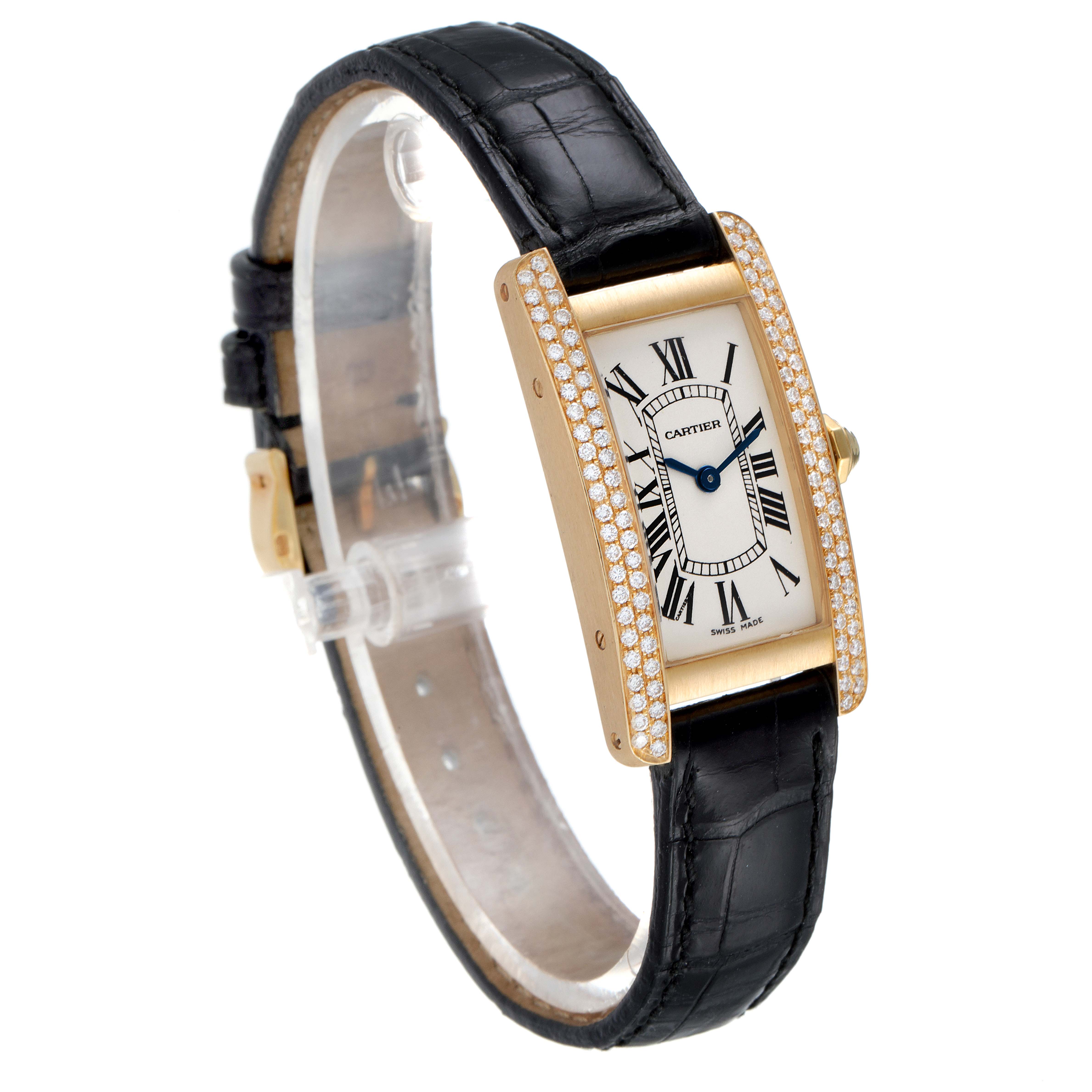 The image shows a Cartier Tank Americaine WB701251 Women's Yellow Gold Silver Dial WB701251 Women's Yellow Gold Silver Dial watch with a side angle, displaying the case, dial, strap, and diamond-set bezel.
