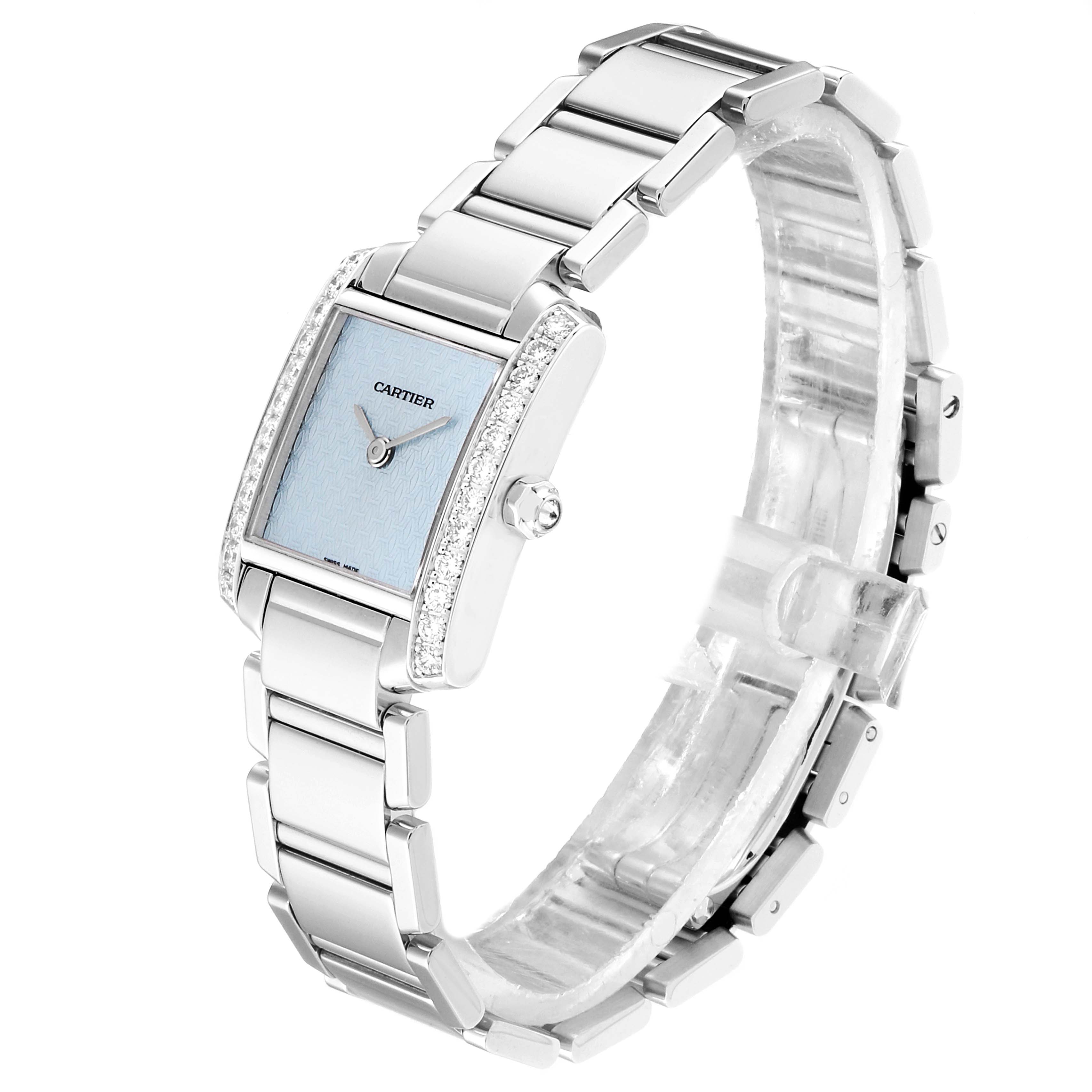 The image shows a Cartier Tank Francaise 2403 Men's White Gold Blue Dial 2403 Men's White Gold Blue Dial watch from an angled side view, highlighting the bracelet and watch face.