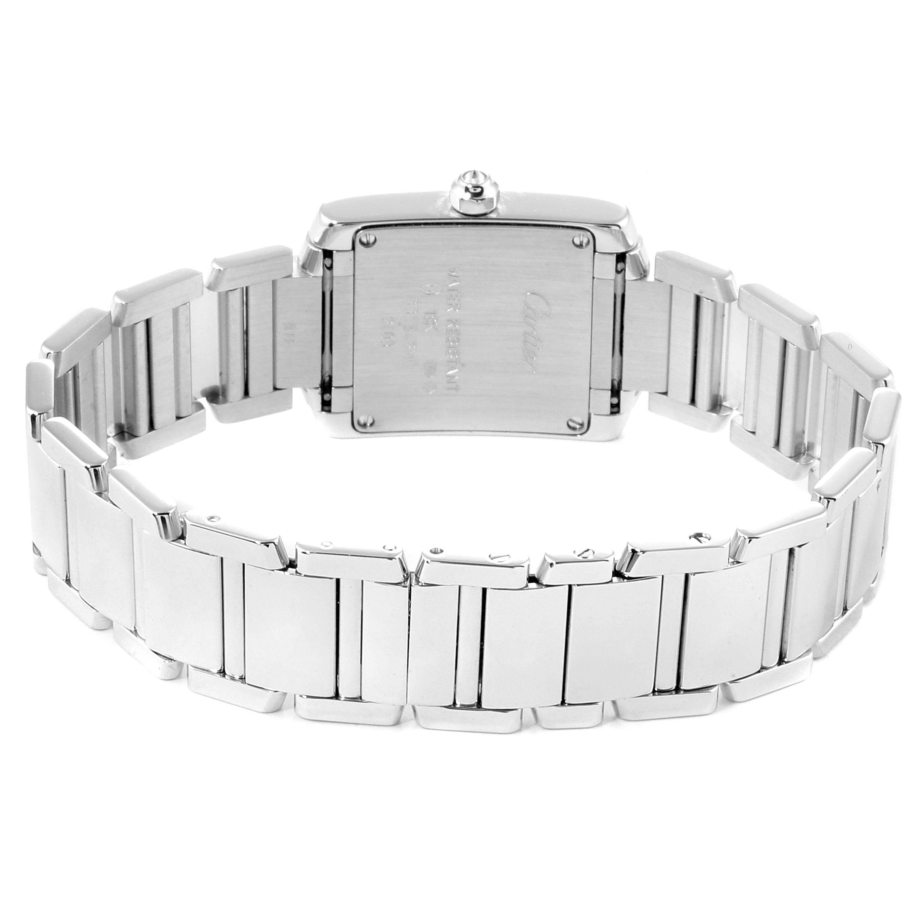 This image shows the back case and bracelet of a Cartier Tank Francaise 2403 Men's White Gold Blue Dial 2403 Men's White Gold Blue Dial watch from a rear angle.