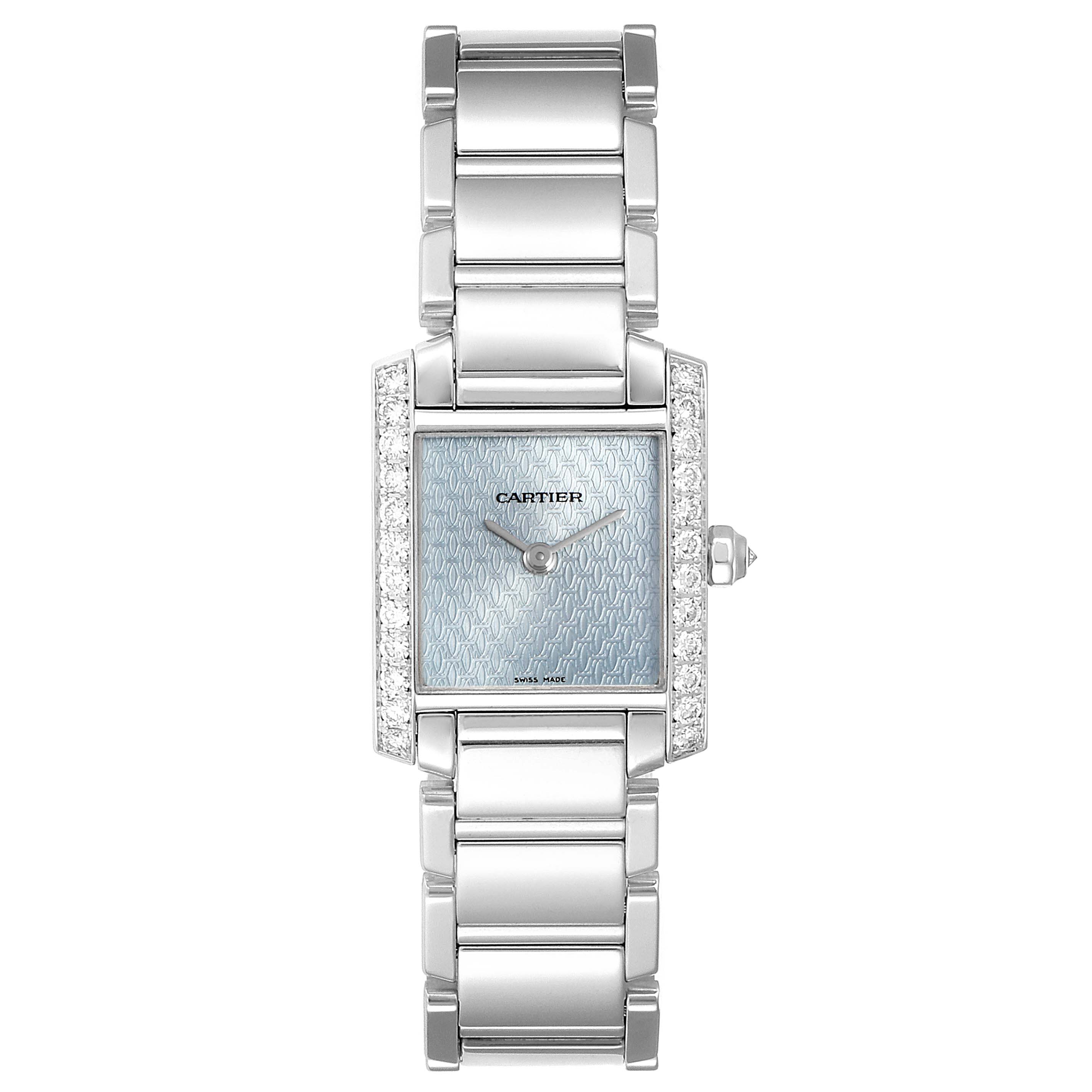 The image shows a Cartier Tank Francaise 2403 Men's White Gold Blue Dial 2403 Men's White Gold Blue Dial watch from a front angle, featuring the dial, case, and bracelet.