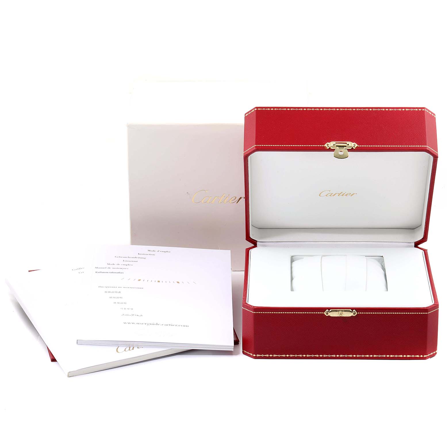 The image shows the open box, manuals, and outer packaging for a Cartier Tank Française watch.