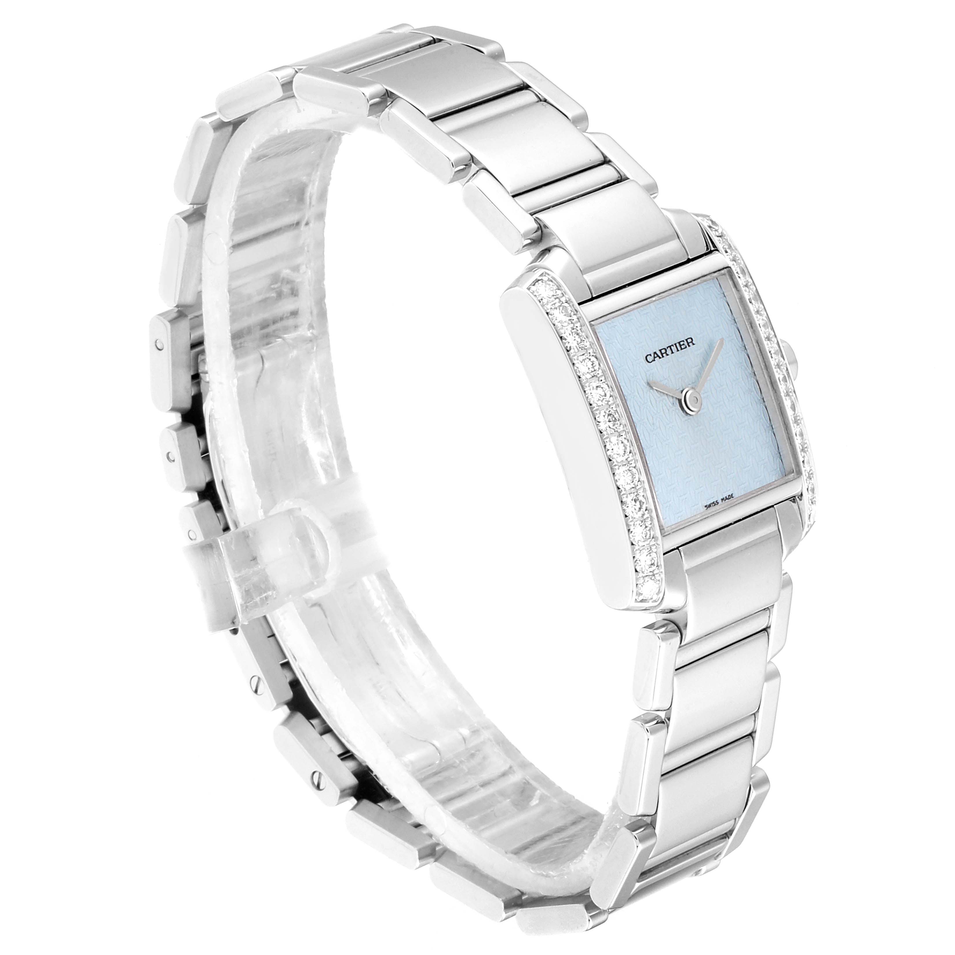The image shows a Cartier Tank Française watch at a three-quarter angle, highlighting its bracelet, rectangular face, and diamond-encrusted bezel.