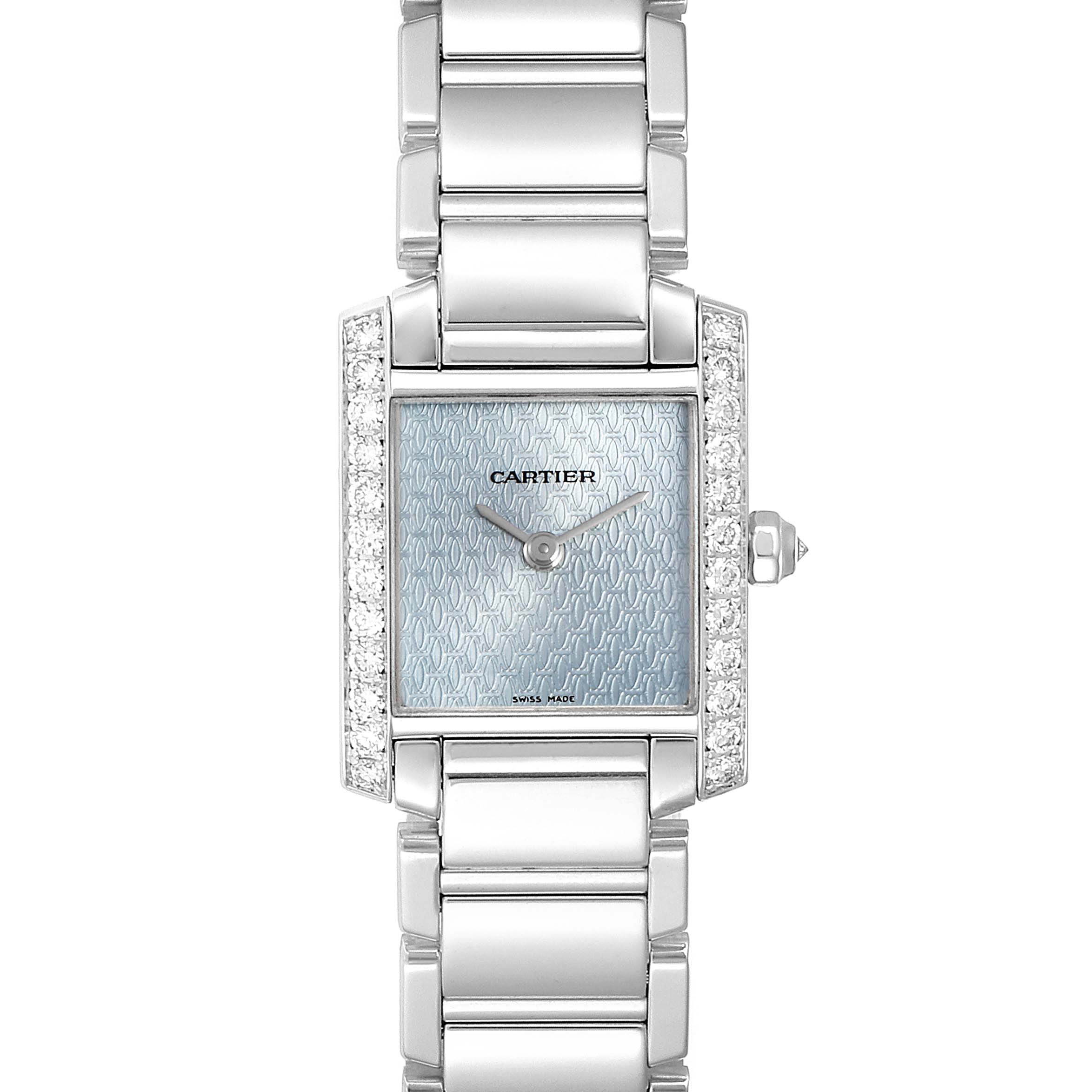 The Cartier Tank Francaise 2403 Men's White Gold Blue Dial 2403 Men's White Gold Blue Dial watch is shown from a top-down angle, displaying its rectangular face, bracelet, and bezel with diamond accents.