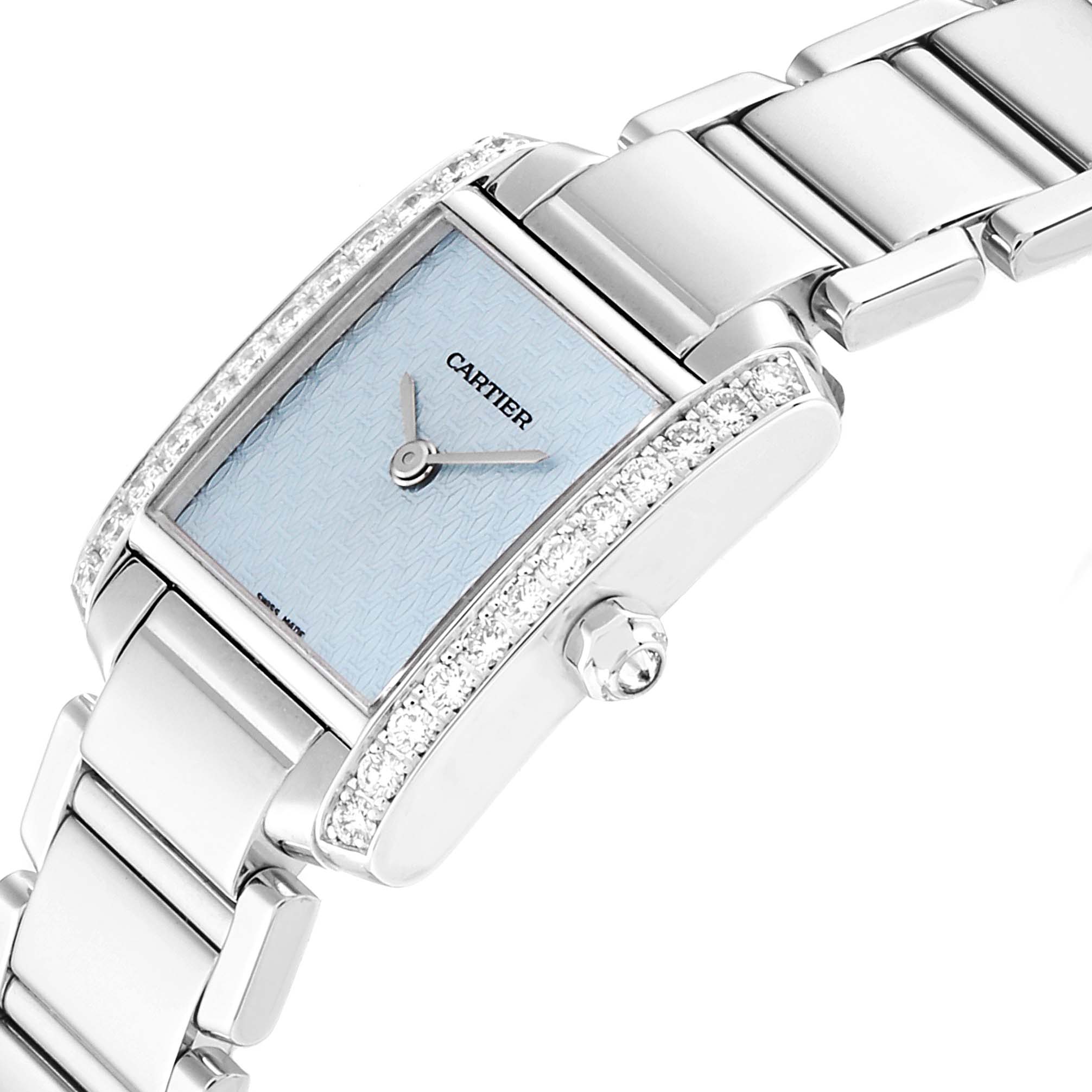 The image shows a close-up side view of the Cartier Tank Francaise 2403 Men's White Gold Blue Dial 2403 Men's White Gold Blue Dial watch, highlighting the dial, bezel, and bracelet.