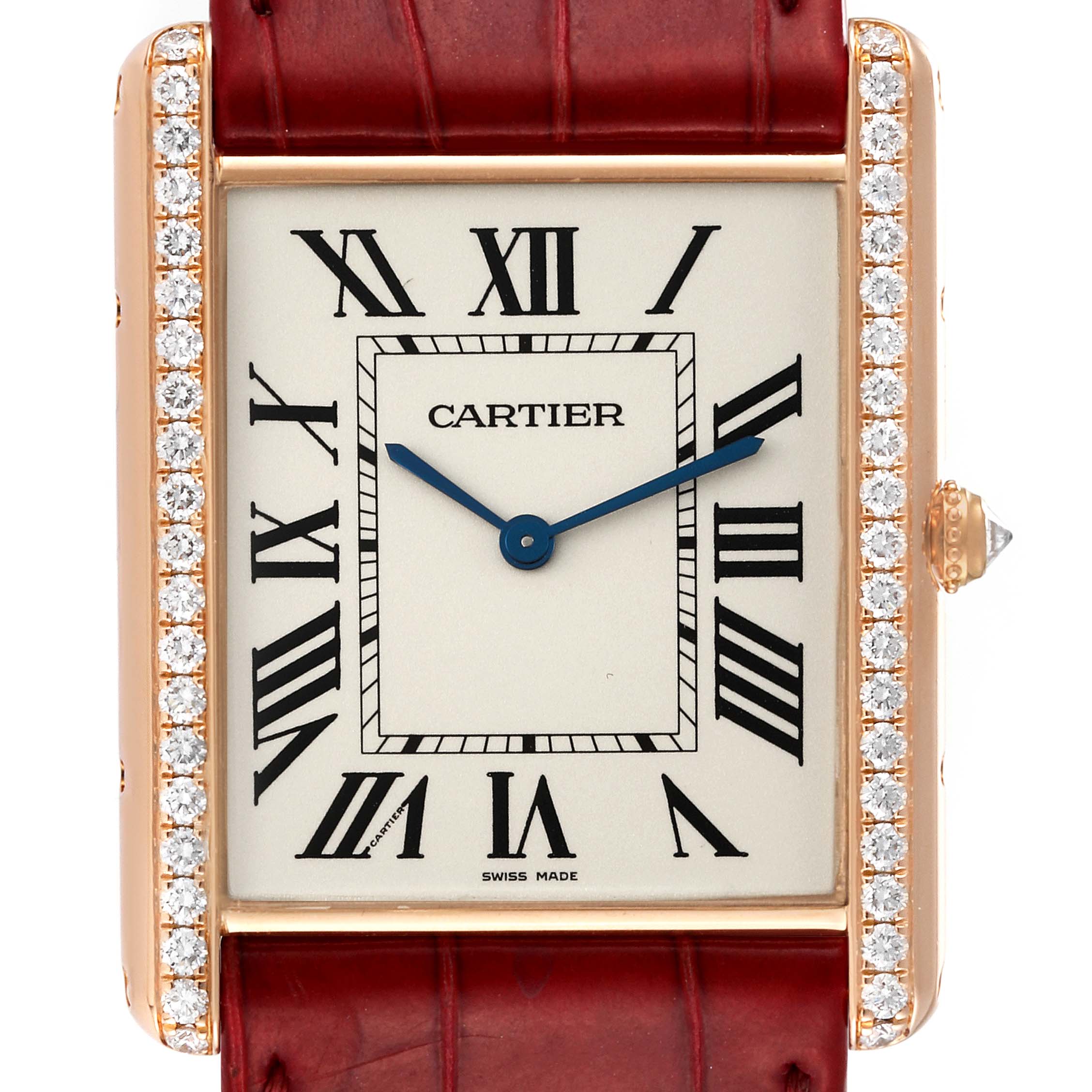 The close-up image shows the face and part of the strap of the Cartier Tank Louis WT200005 Men's Rose Gold Silver Dial WT200005 Men's Rose Gold Silver Dial watch with diamond accents on the case.