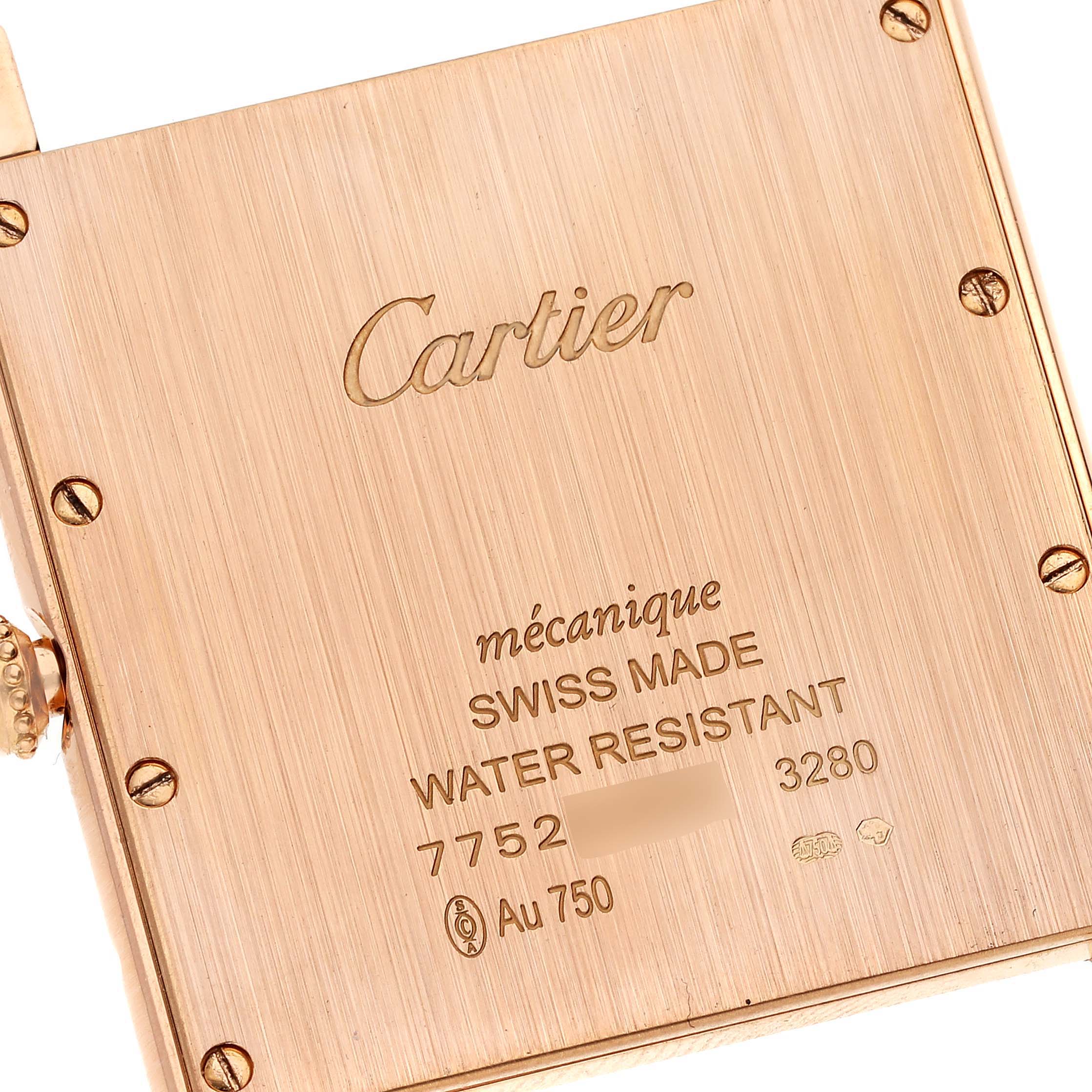 The image shows the engraved back case of a Cartier Tank Louis WT200005 Men's Rose Gold Silver Dial WT200005 Men's Rose Gold Silver Dial watch, emphasizing its material and specifications.