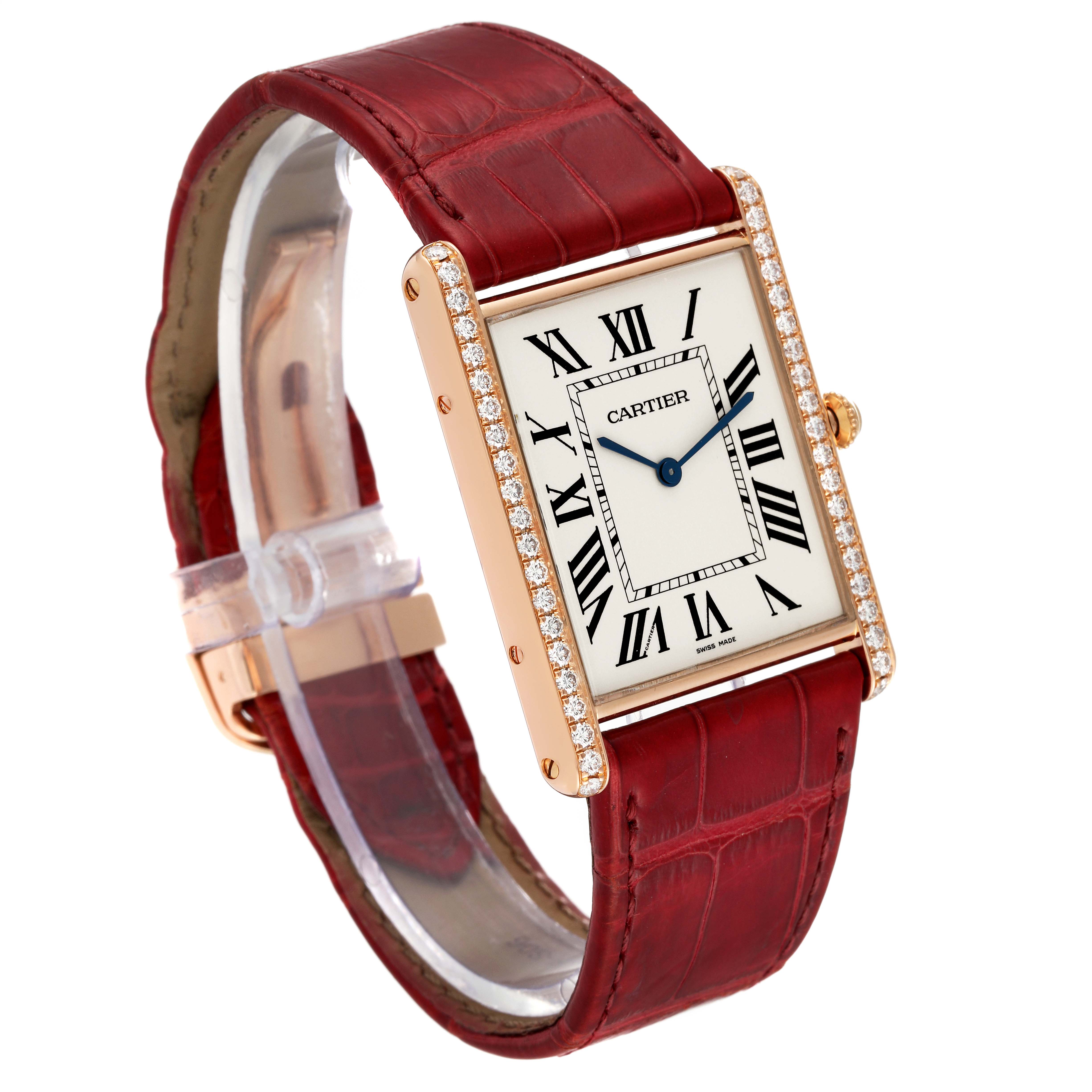 The image shows an angled view of a Cartier Tank Louis WT200005 Men's Rose Gold Silver Dial WT200005 Men's Rose Gold Silver Dial watch, featuring its face, bezel, crown, and leather strap.