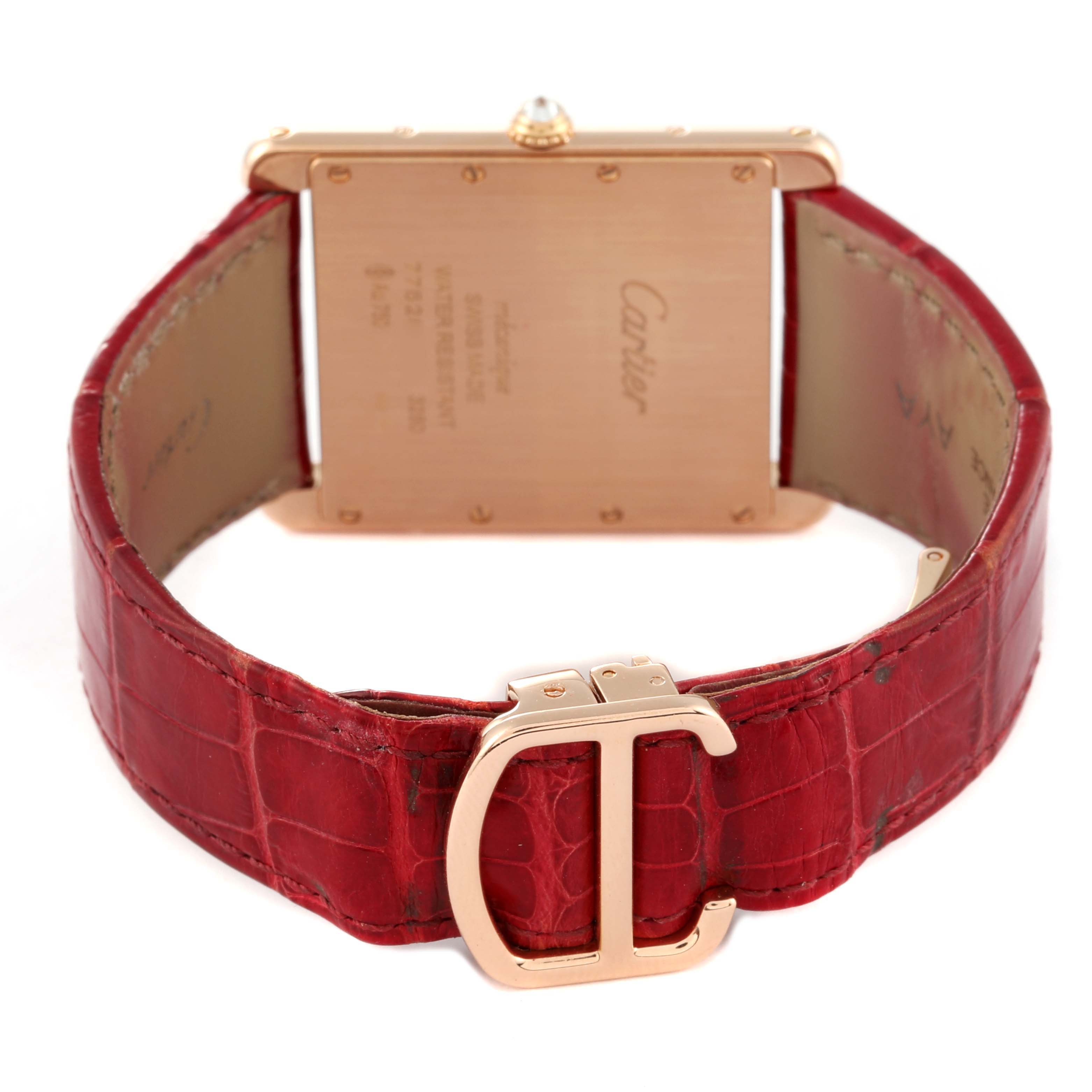 The image shows the back of a Cartier Tank Louis WT200005 Men's Rose Gold Silver Dial WT200005 Men's Rose Gold Silver Dial watch, displaying the clasp and red leather strap.