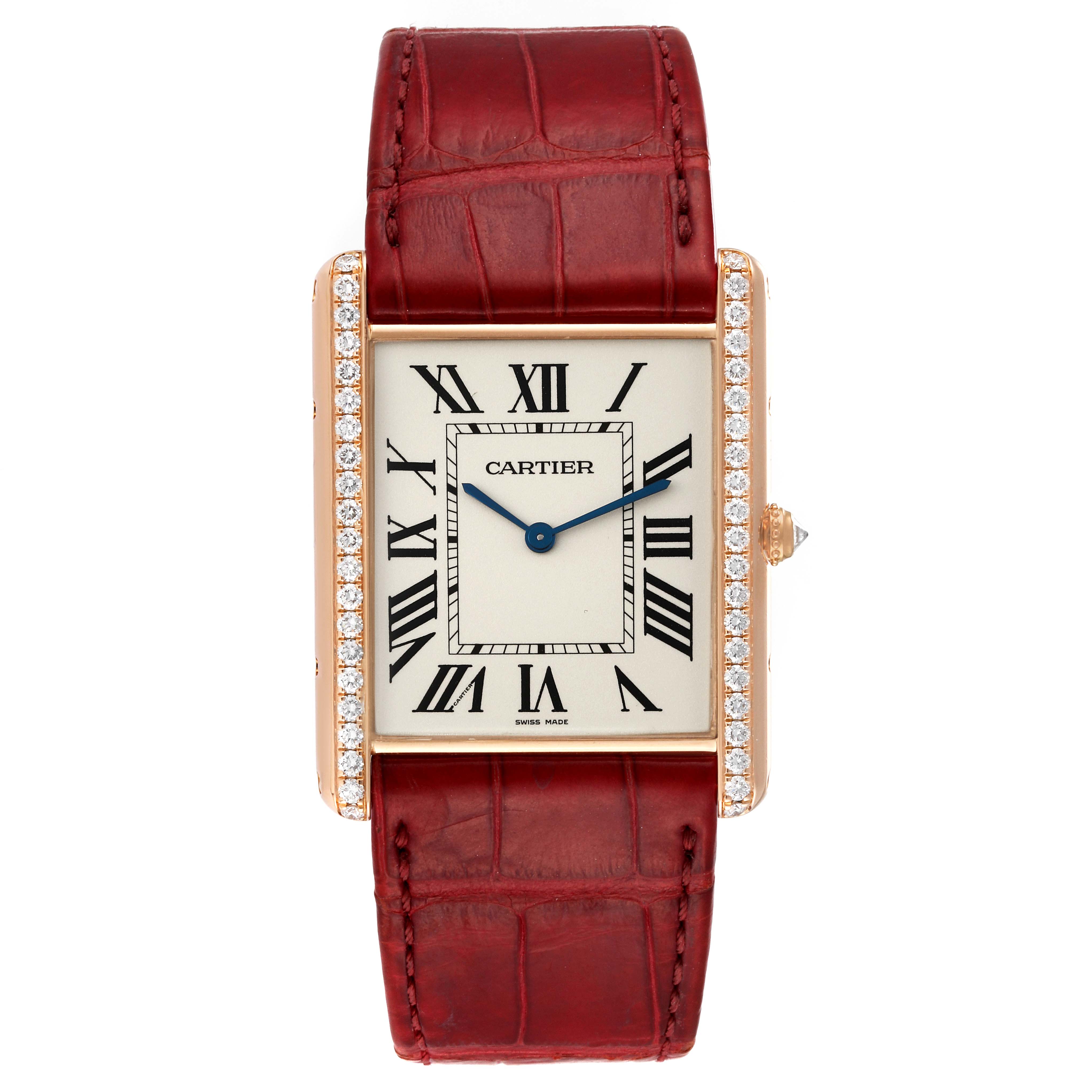 The image shows a Cartier Tank Louis WT200005 Men's Rose Gold Silver Dial WT200005 Men's Rose Gold Silver Dial watch from the front, featuring a rectangular dial, Roman numerals, and a red leather strap.