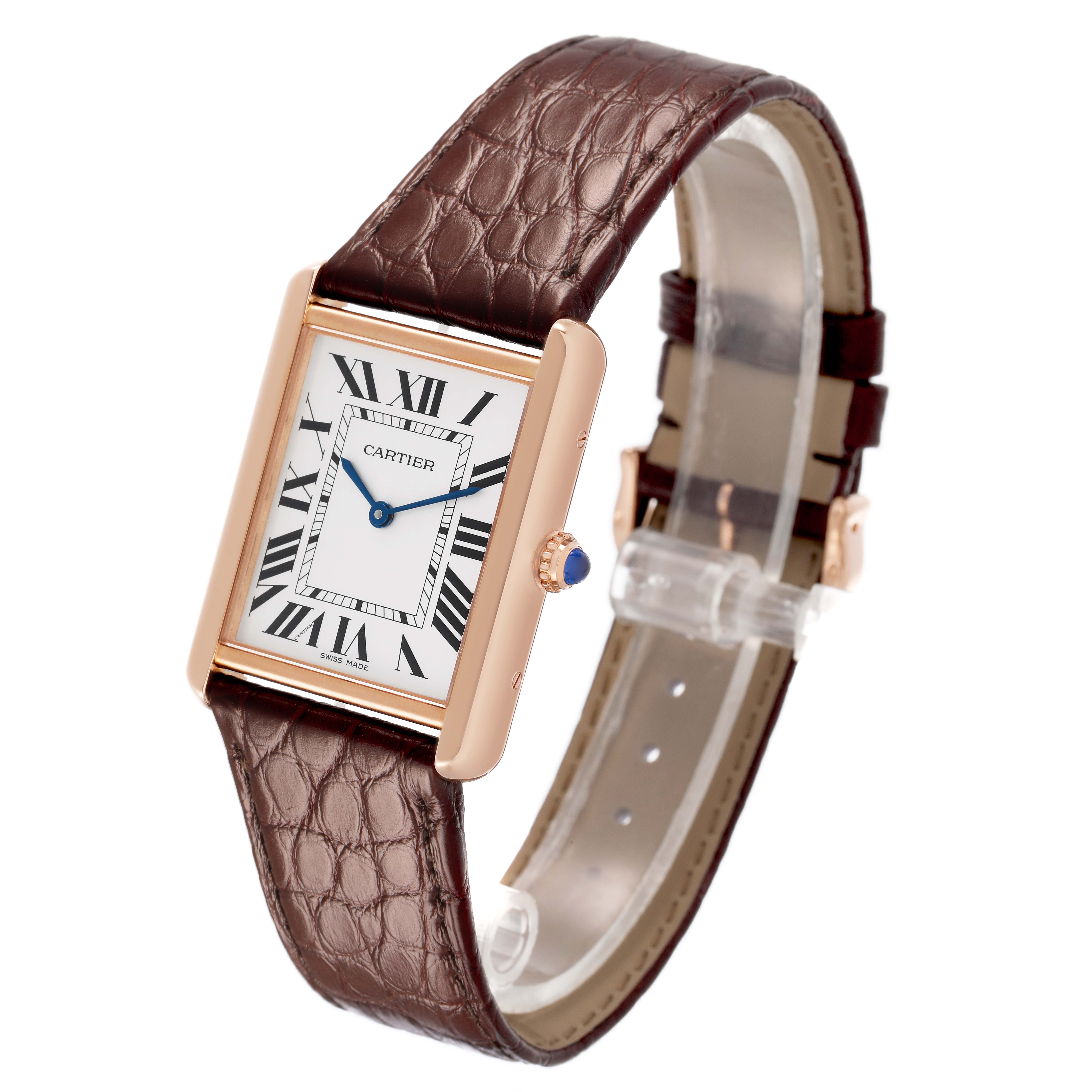 The Cartier Tank Solo W5200025 Men's Steel and Gold (two tone) Silver Dial watch is shown from a three-quarter angle, highlighting the face, strap, and crown details.
