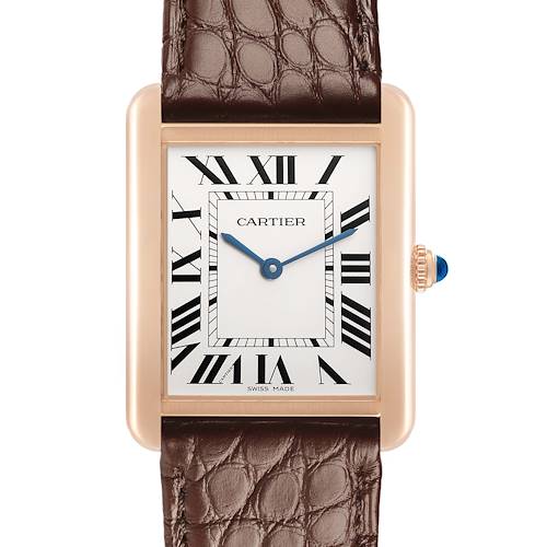 The Cartier Tank Solo W5200025 Men's Steel and Gold (two tone) Silver Dial watch is shown from the front, highlighting its rectangular face, Roman numerals, and brown leather strap.