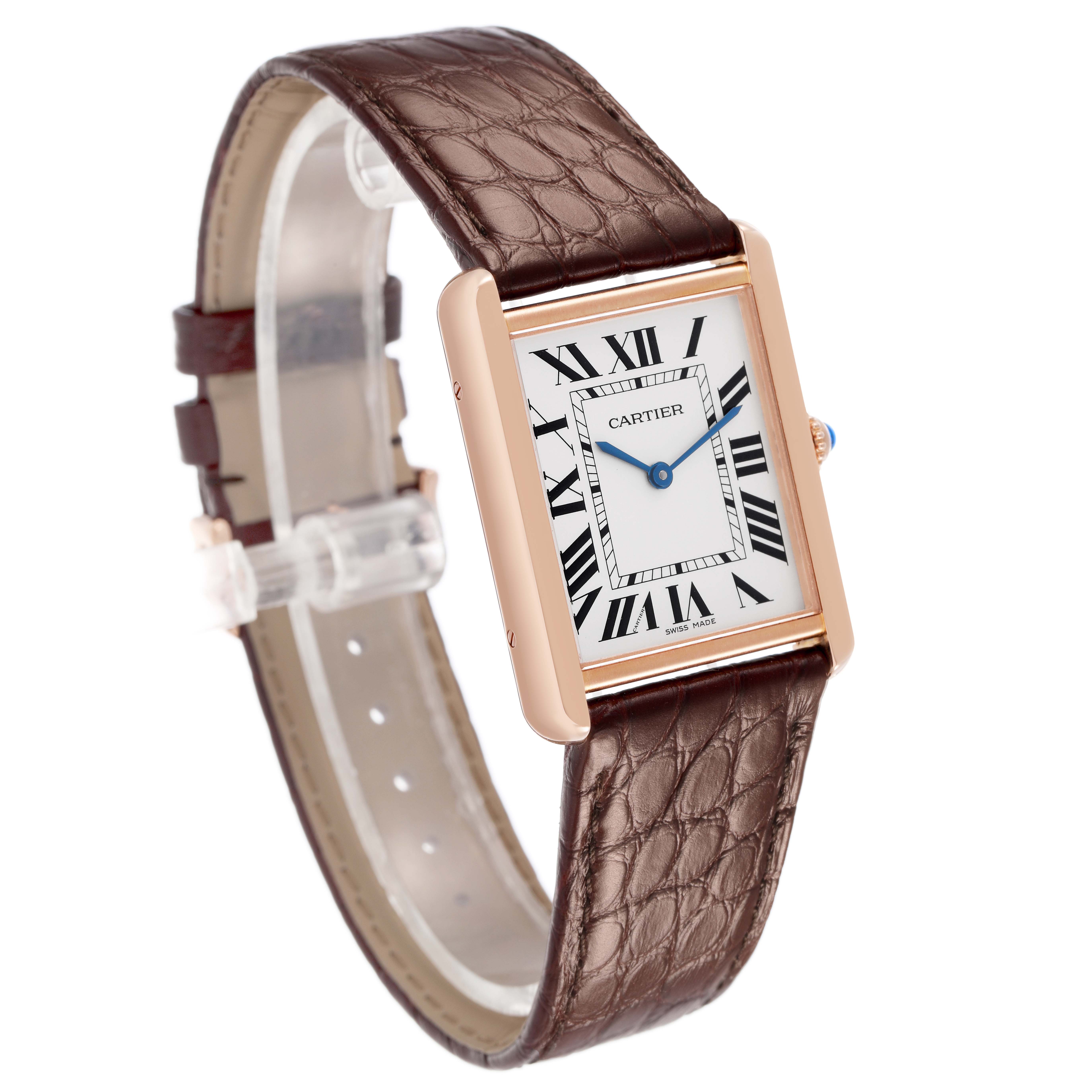 The Cartier Tank Solo W5200025 Men's Steel and Gold (two tone) Silver Dial watch is shown at a 3/4 angle, highlighting the face, strap, and crown.