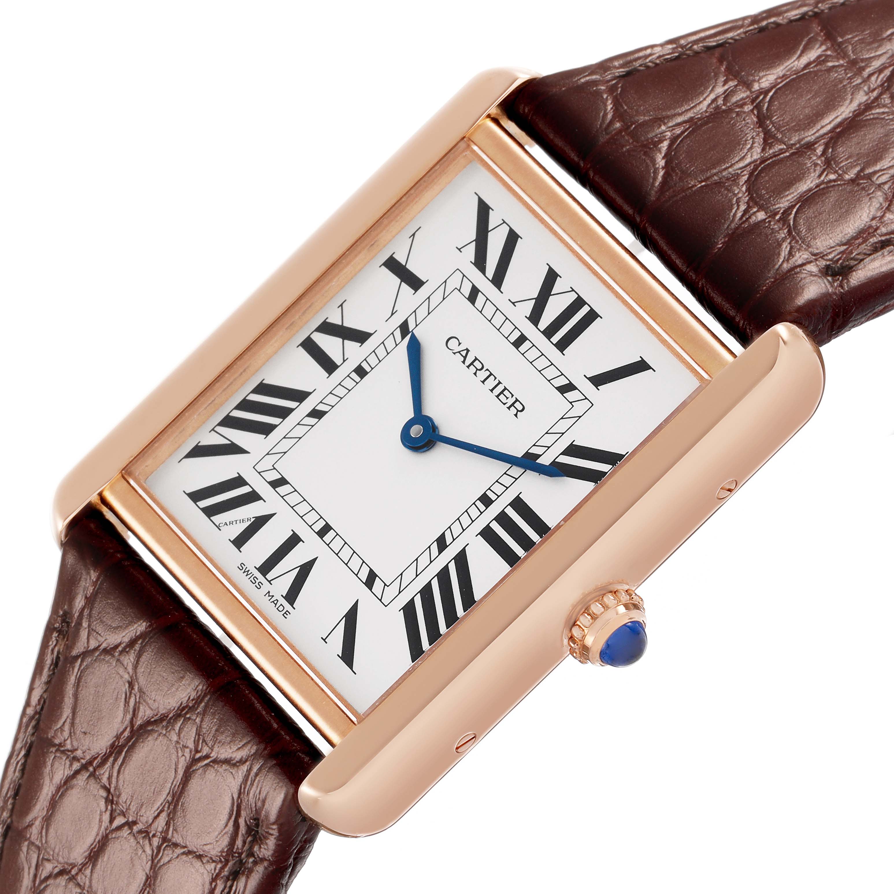 The Cartier Tank Solo W5200025 Men's Steel and Gold (two tone) Silver Dial watch is shown at an angle highlighting the dial, crown, and leather strap.