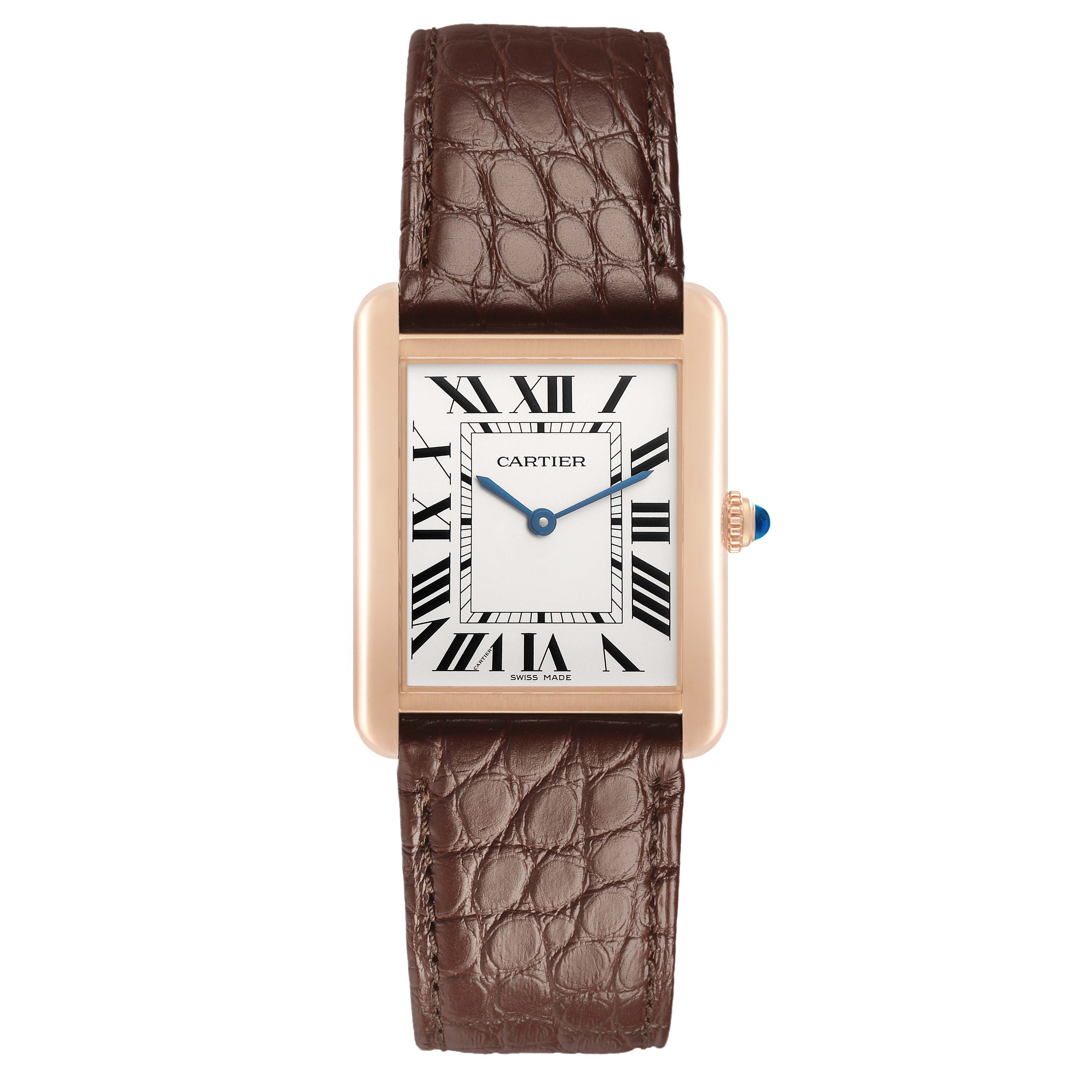 The Cartier Tank Solo W5200025 Men's Steel and Gold (two tone) Silver Dial watch is shown from the front, featuring its rectangular face, Roman numerals, and brown leather strap.