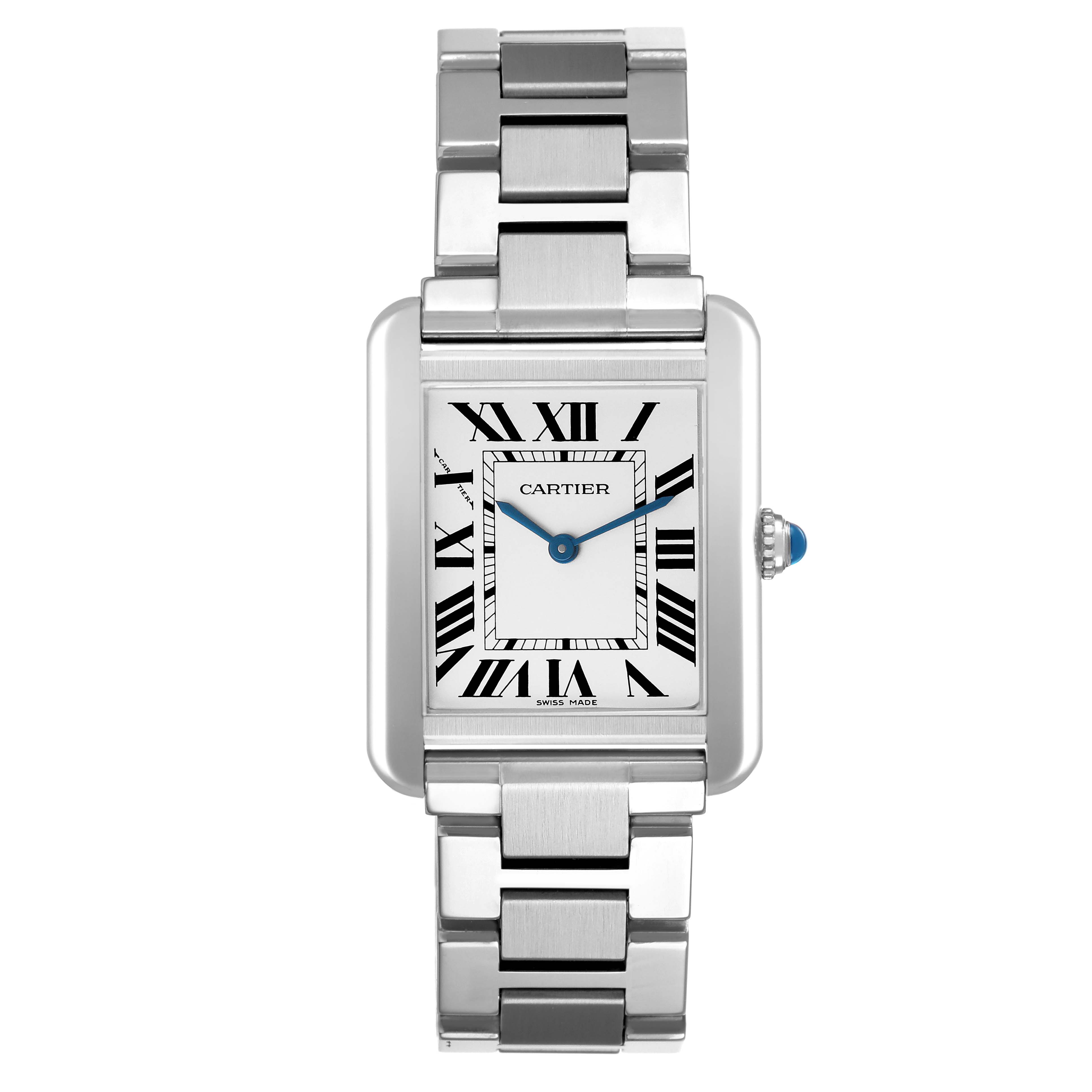 The Cartier Tank Solo W5200013 Women's Stainless Steel Silver Dial watch is shown from the front, highlighting the face, roman numerals, bracelet, and blue crown.