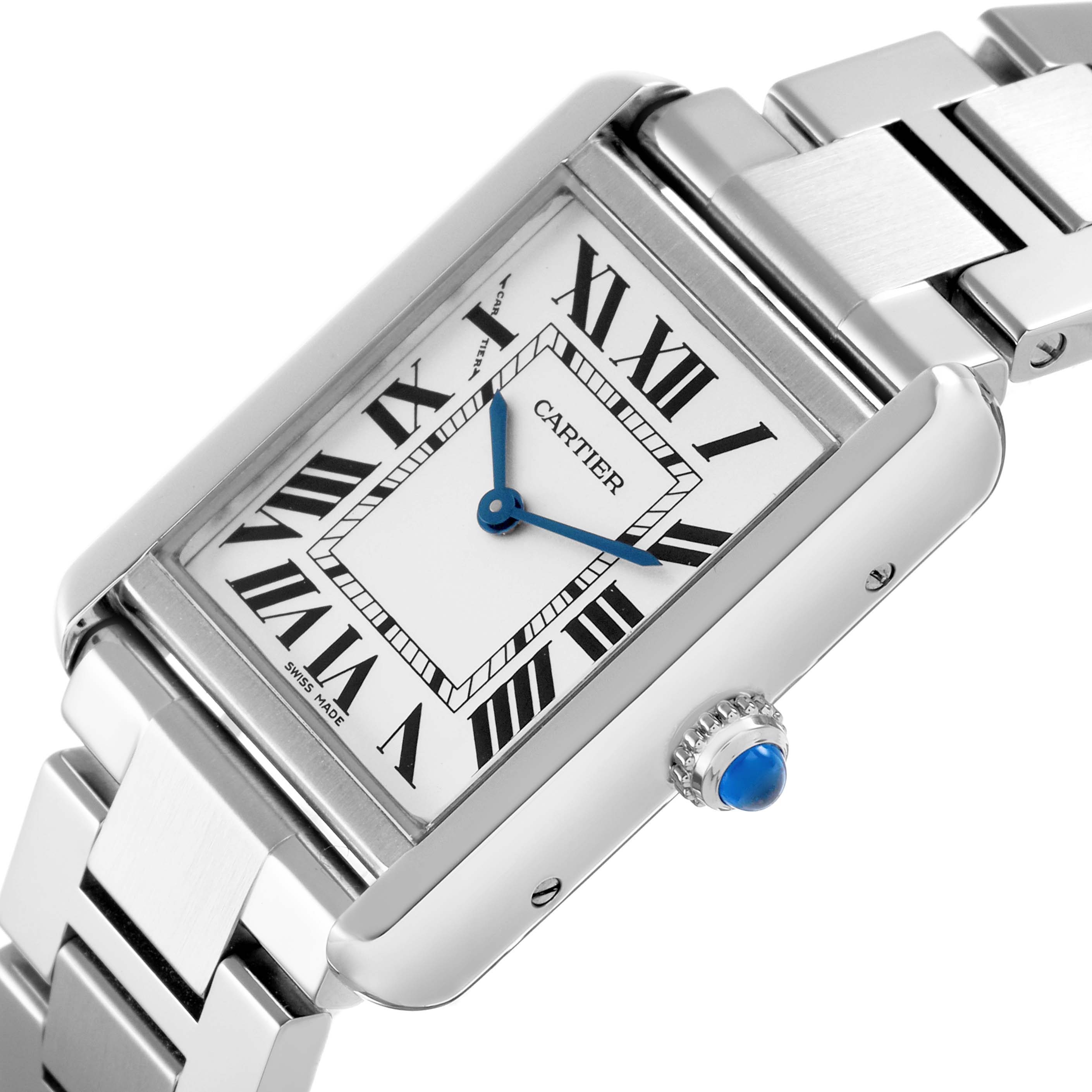 The Cartier Tank Solo W5200013 Women's Stainless Steel Silver Dial watch is shown at an angle highlighting the face, bracelet, and crown with a blue cabochon.
