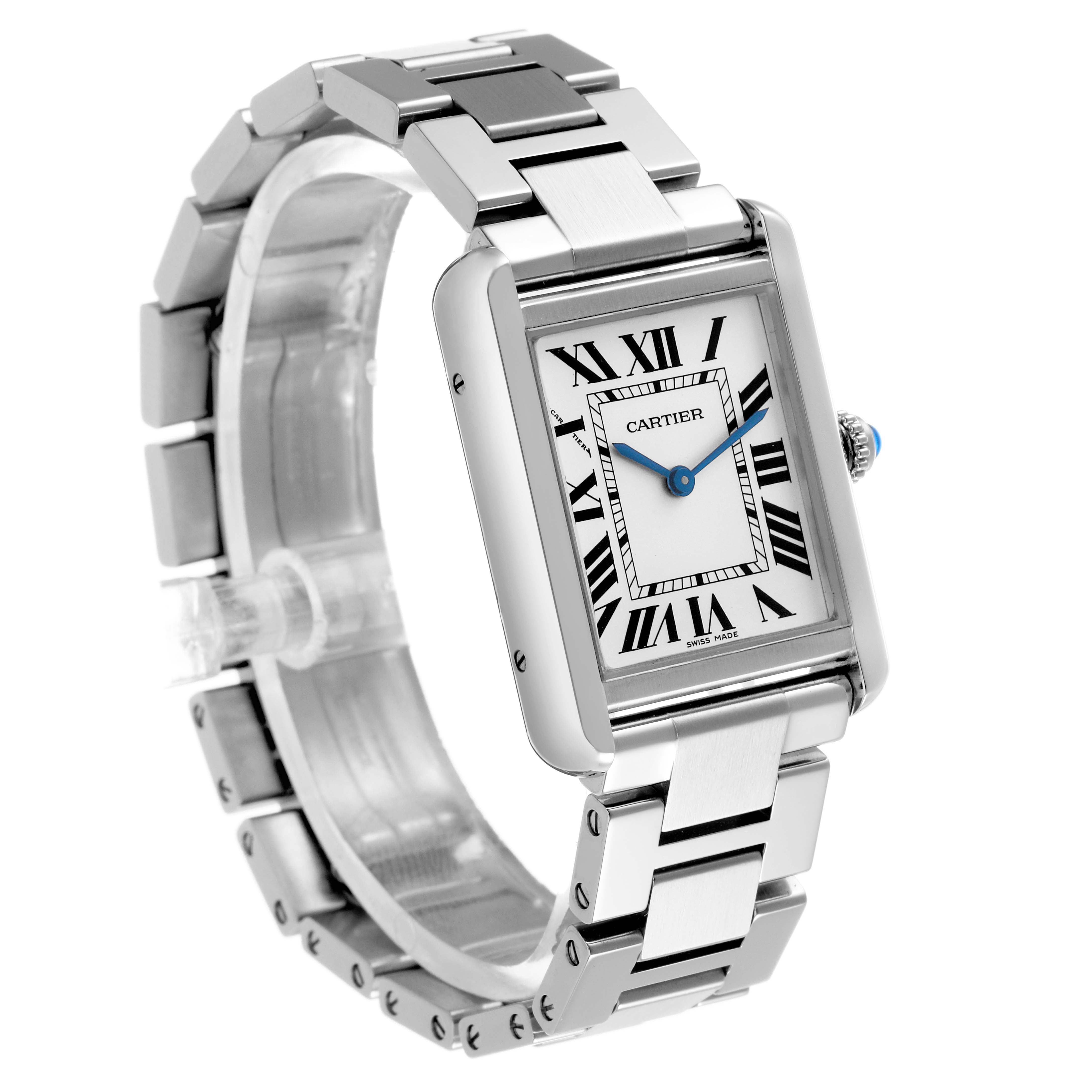 The Cartier Tank Solo W5200013 Women's Stainless Steel Silver Dial watch is shown from a three-quarter angle, highlighting its face, bezel, crown, and stainless steel bracelet.