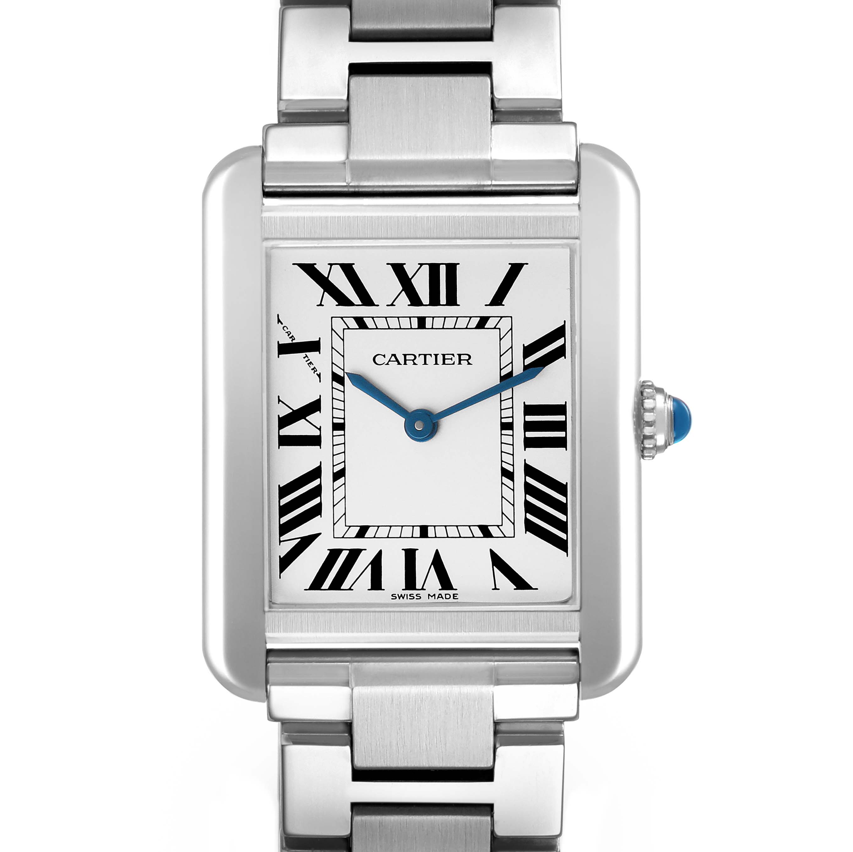 The Cartier Tank Solo W5200013 Women's Stainless Steel Silver Dial watch is shown from a front angle, highlighting the face, blue hands, and part of the bracelet.