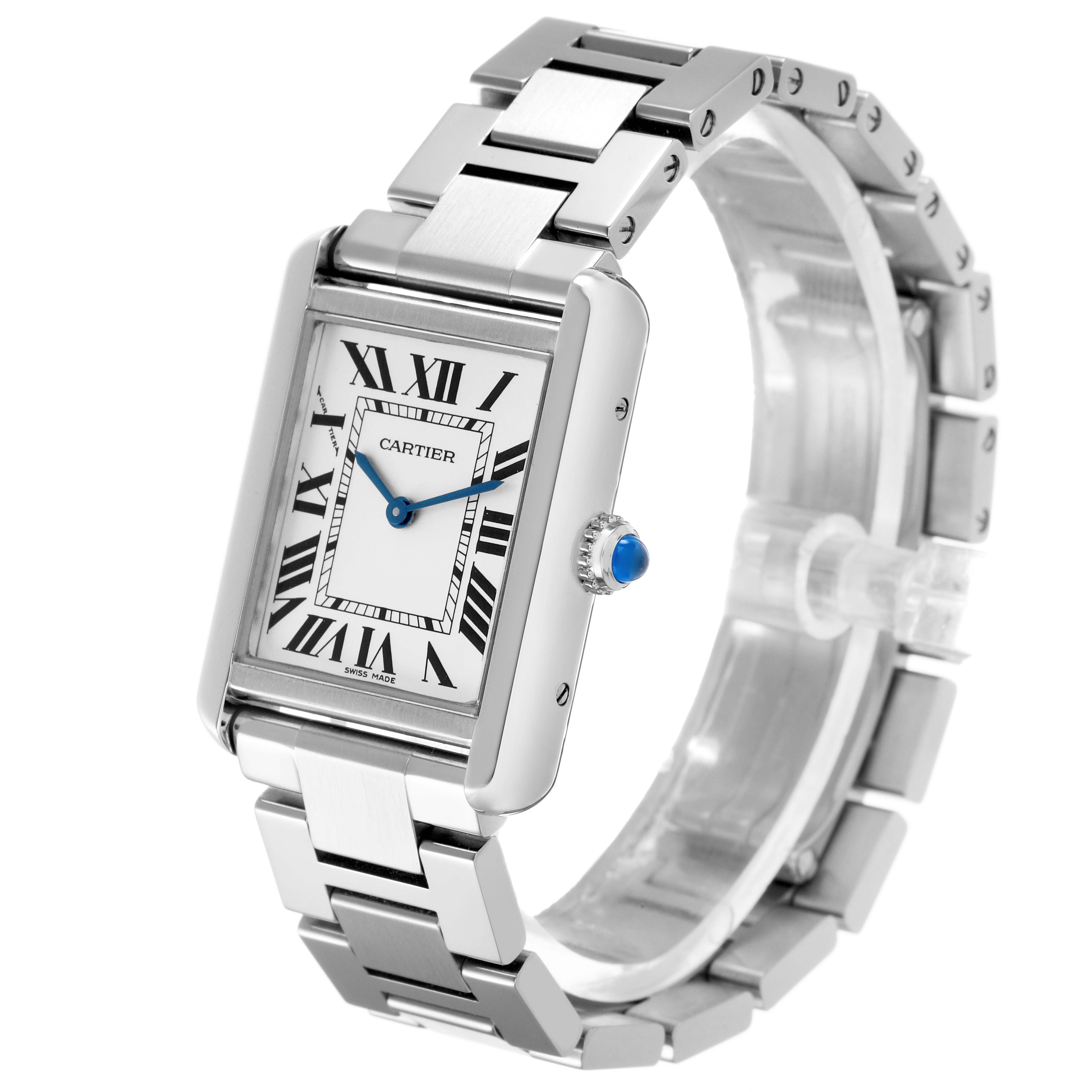 The Cartier Tank Solo W5200013 Women's Stainless Steel Silver Dial watch is shown at a three-quarter angle, highlighting the face, bracelet, and crown with a blue cabochon.