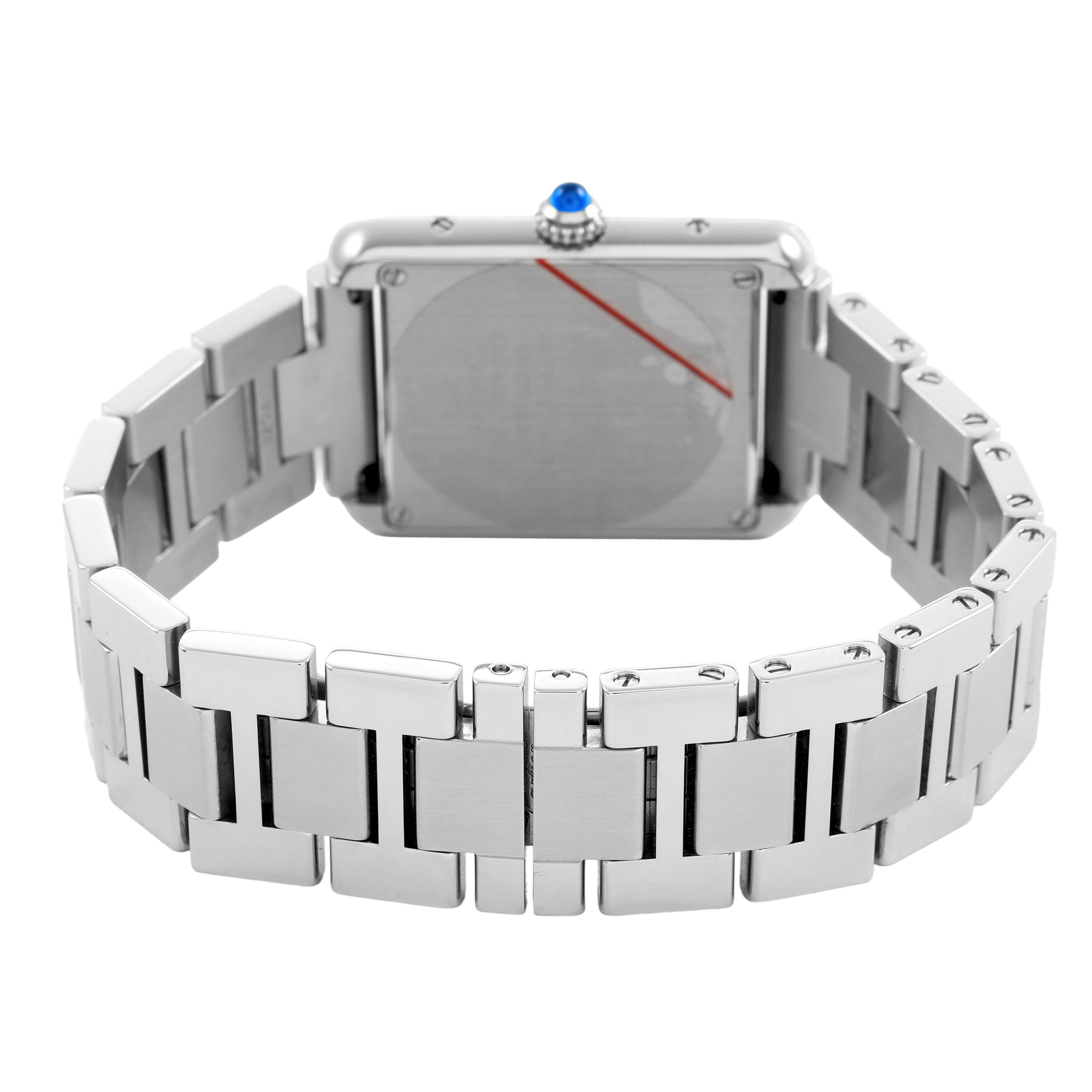 The image shows the back of a Cartier Tank Solo W5200013 Women's Stainless Steel Silver Dial watch with its stainless steel bracelet and crown visible.