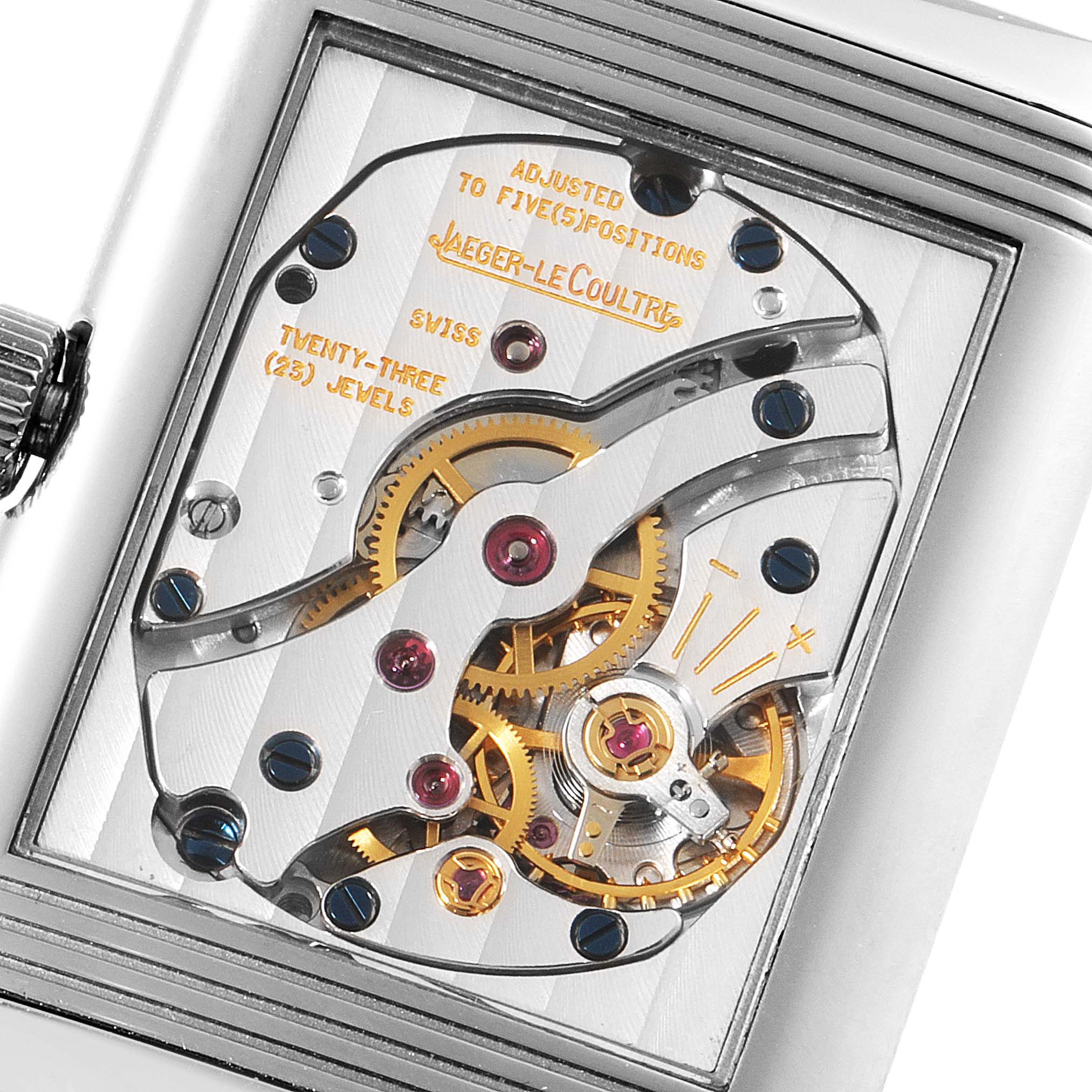 The image shows a close-up of the movement and inner workings of a Jaeger LeCoultre Reverso Q2753470 Men's White Gold Black Dial Q2753470 Men's White Gold Black Dial watch.