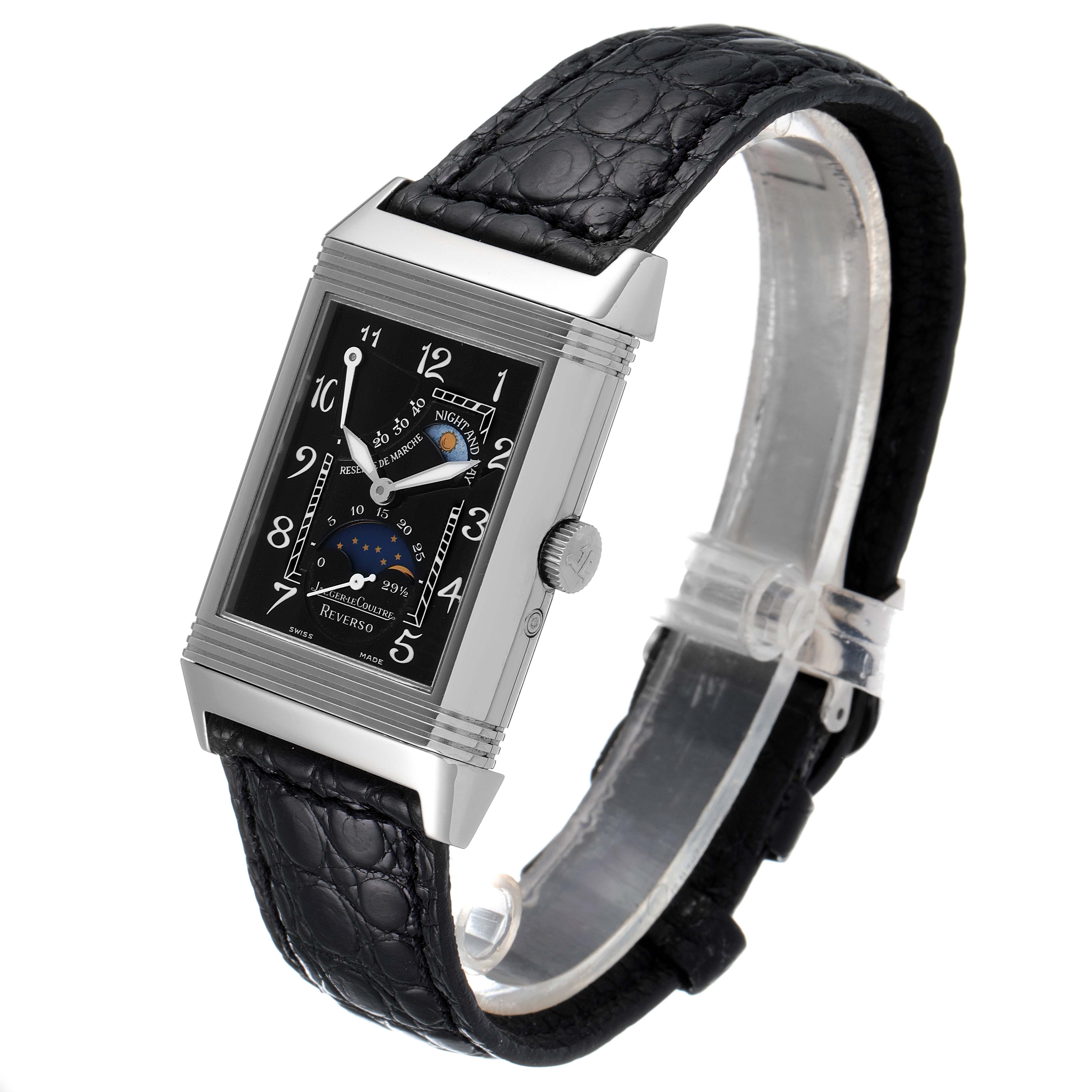 This image shows a Jaeger LeCoultre Reverso Q2753470 Men's White Gold Black Dial Q2753470 Men's White Gold Black Dial watch at a three-quarter angle, highlighting its rectangular face, dial, and black leather strap.