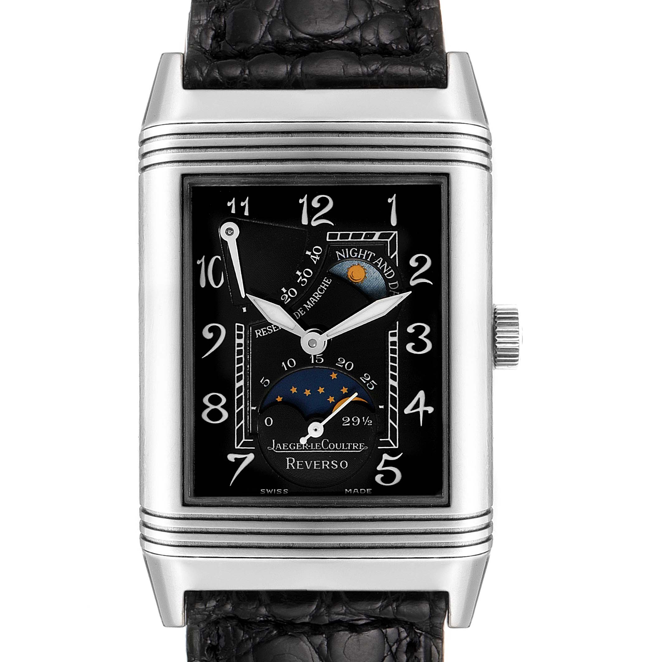 The Jaeger LeCoultre Reverso Q2753470 Men's White Gold Black Dial Q2753470 Men's White Gold Black Dial watch is shown from the front, displaying the dial, hands, and strap.