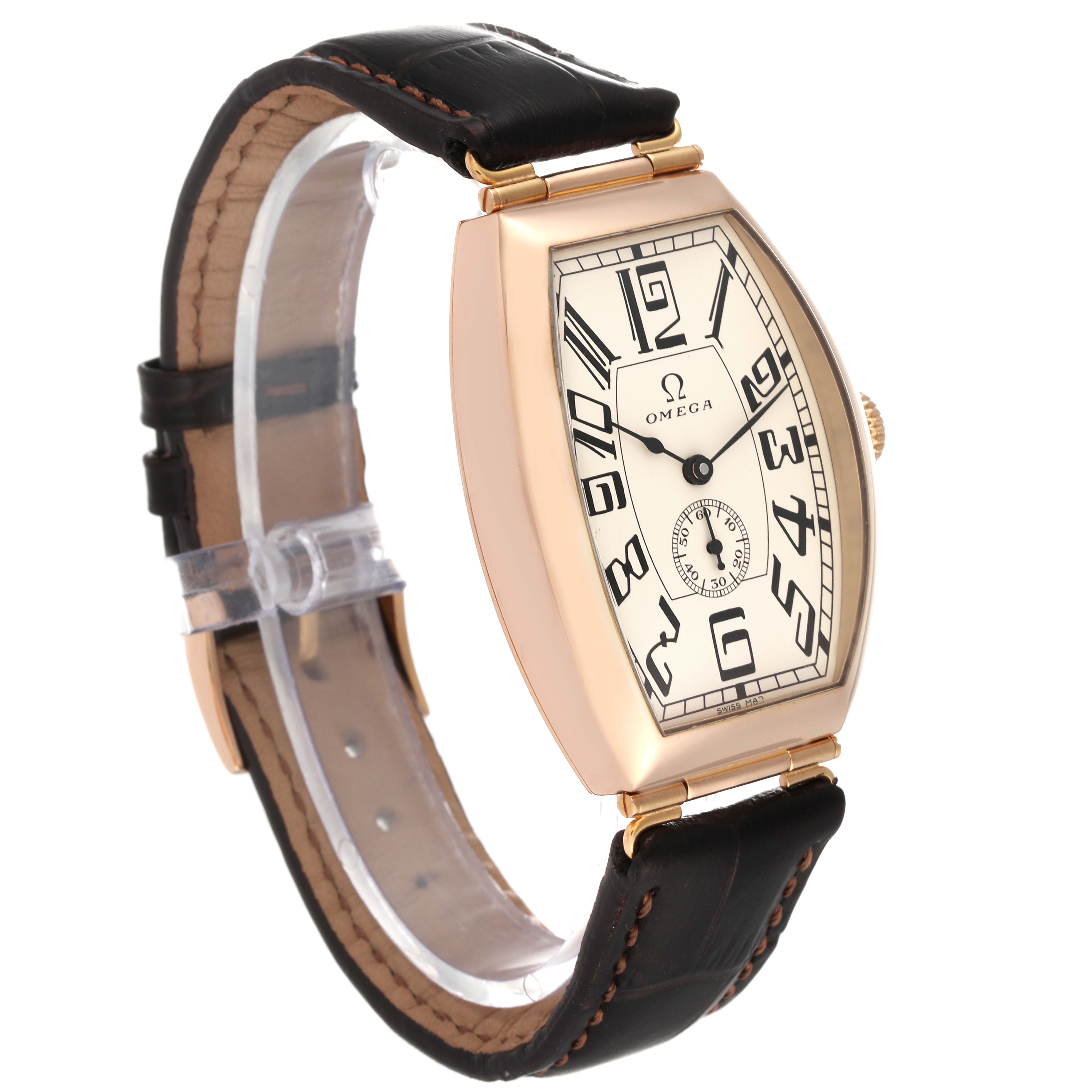 The image shows a side angle of an Omega Museum 5703.30.01 Men's Rose Gold Beige Dial 5703.30.01 Men's Rose Gold Beige Dial model watch, highlighting its face, leather strap, and gold case.