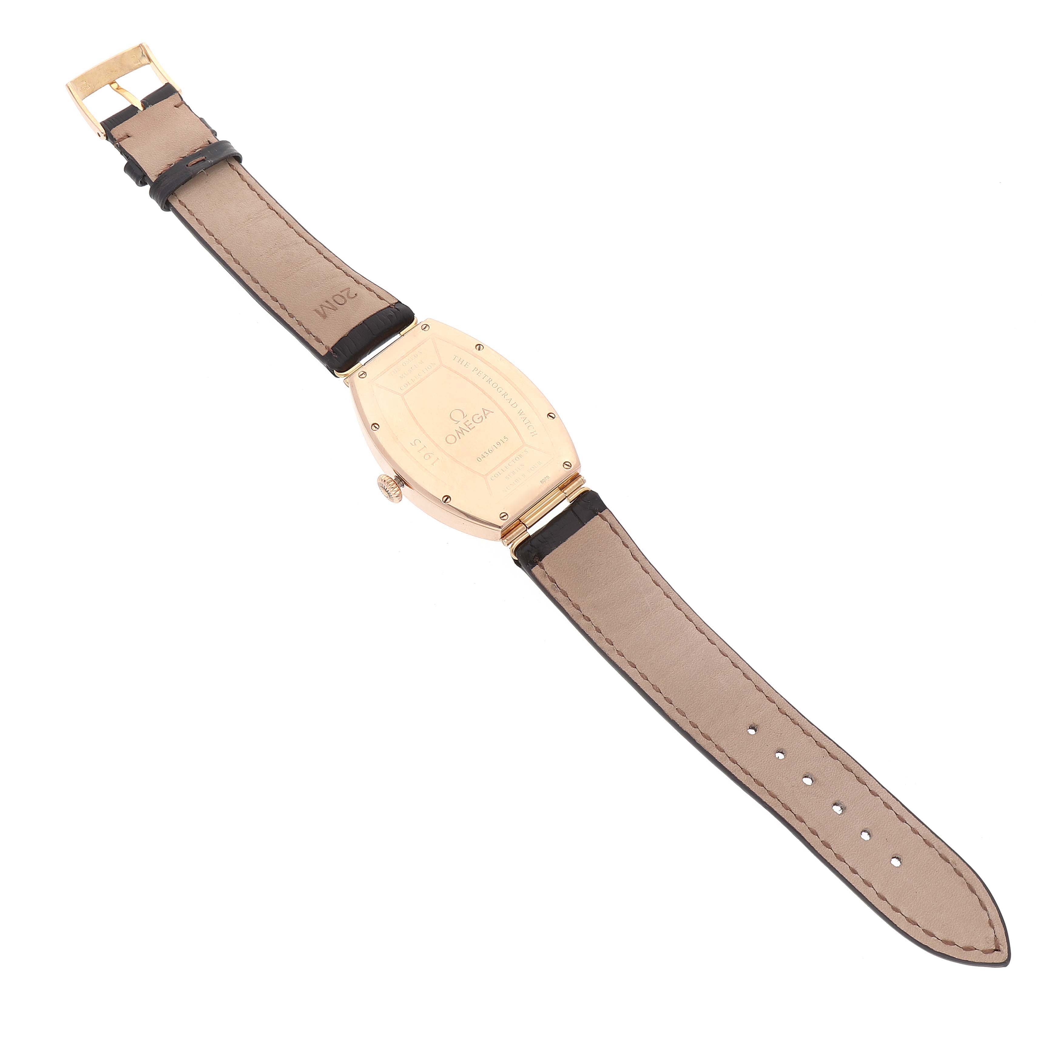 This is a rear view of the Omega Museum 5703.30.01 Men's Rose Gold Beige Dial 5703.30.01 Men's Rose Gold Beige Dial model watch, displaying the back case, strap, and buckle.