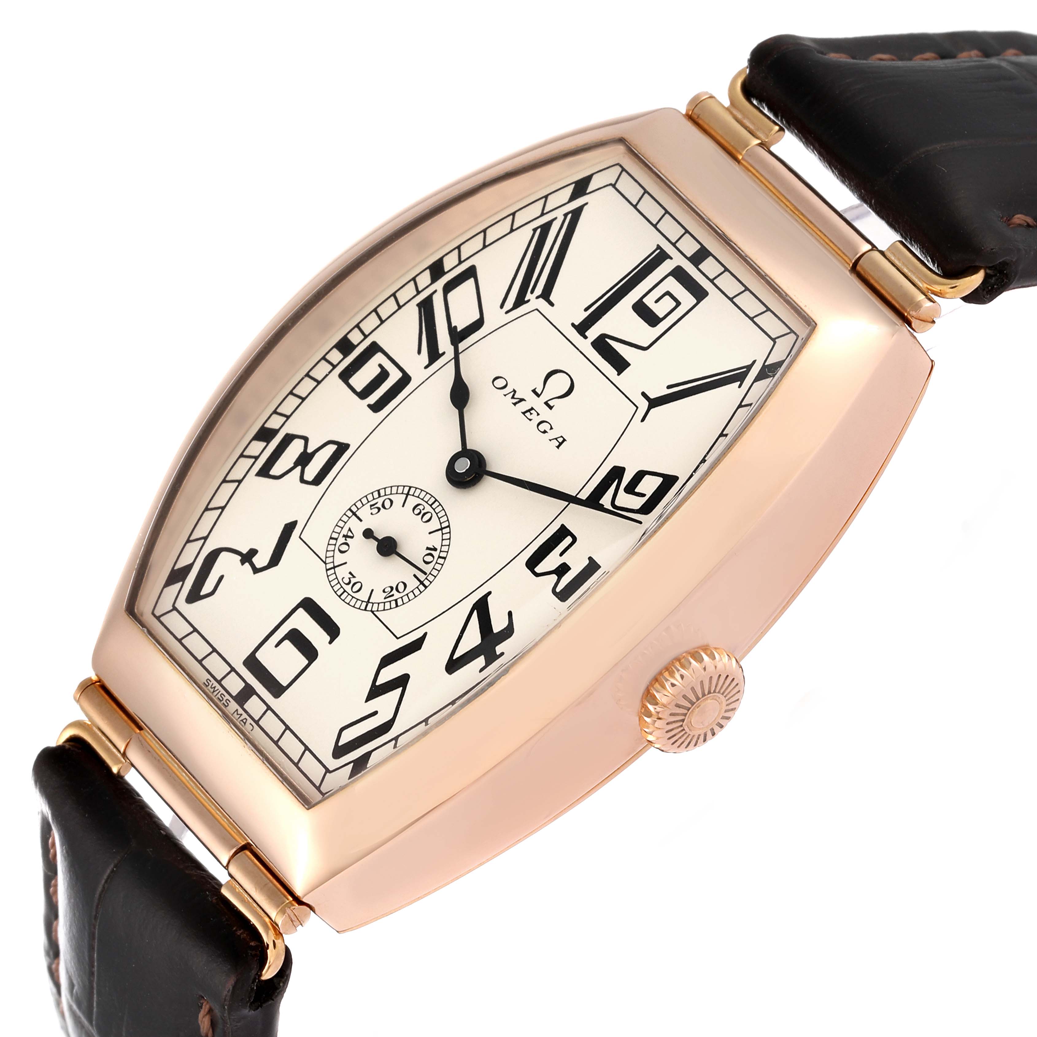 This Museum model by Omega is shown at a slight angle, highlighting its rose gold case, black leather strap, and crown.
