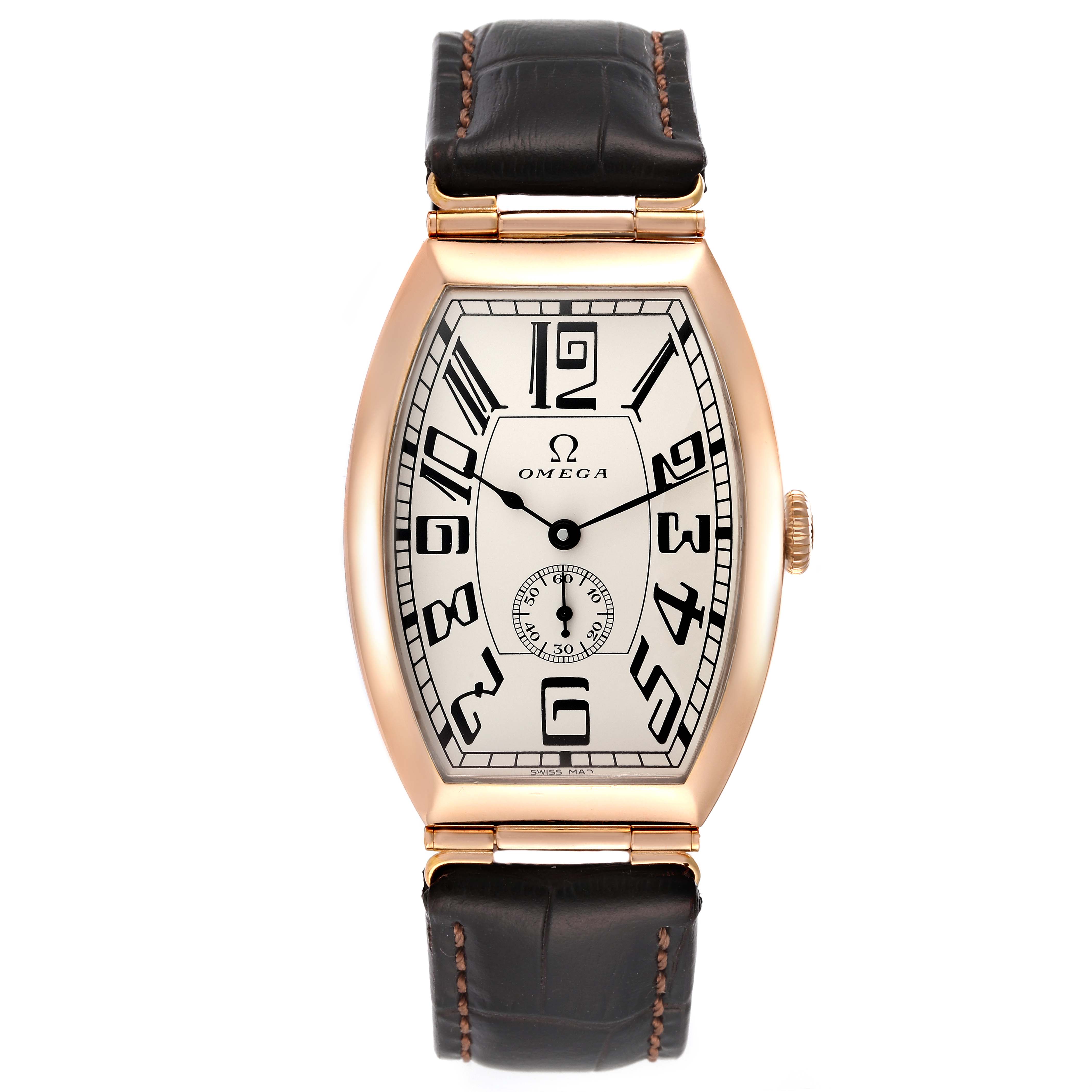 The image shows a front view of an Omega Museum 5703.30.01 Men's Rose Gold Beige Dial 5703.30.01 Men's Rose Gold Beige Dial model watch featuring a rectangular dial and a leather strap.