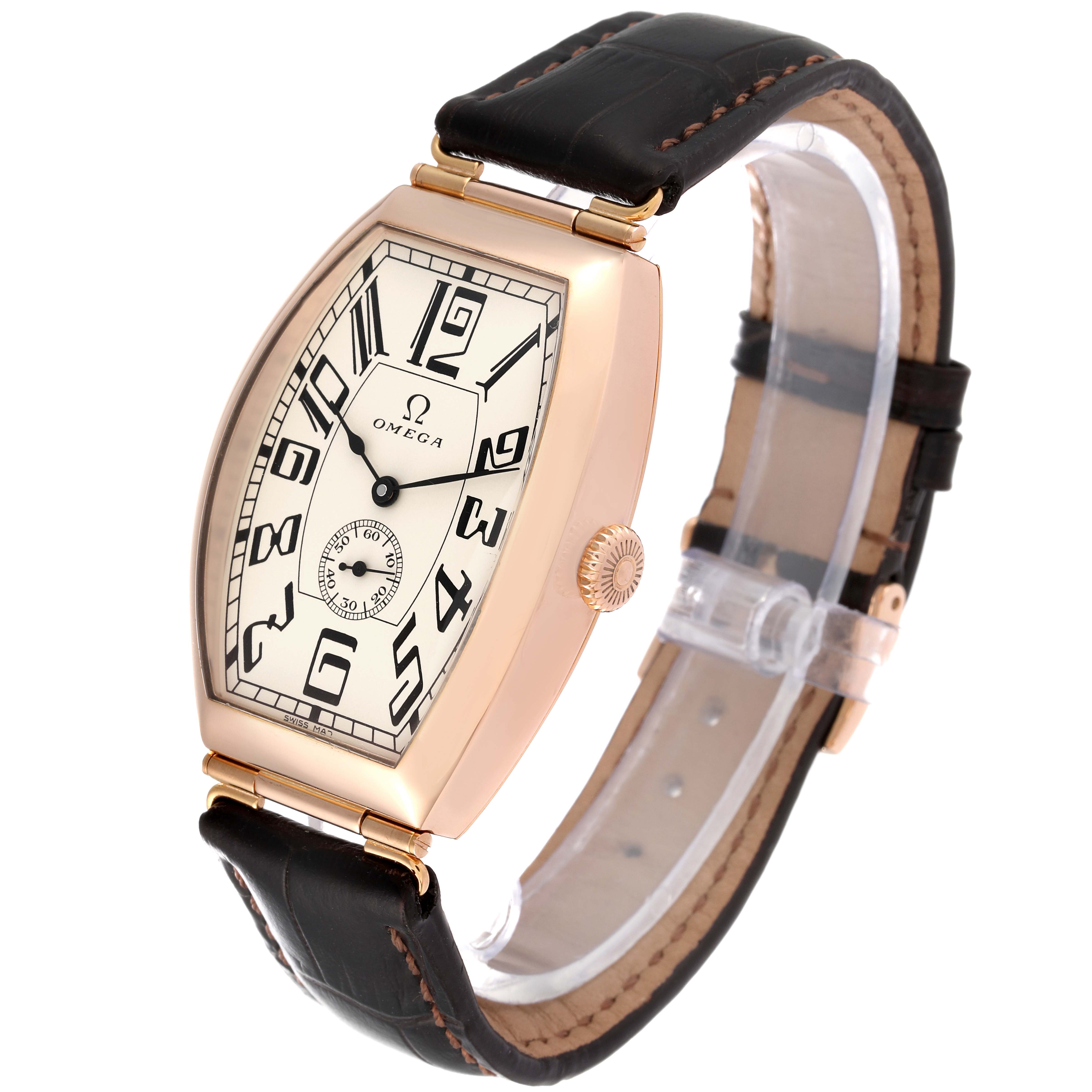 The Omega Museum 5703.30.01 Men's Rose Gold Beige Dial 5703.30.01 Men's Rose Gold Beige Dial model watch is shown at an angled view, displaying its dial, case, crown, and leather strap.