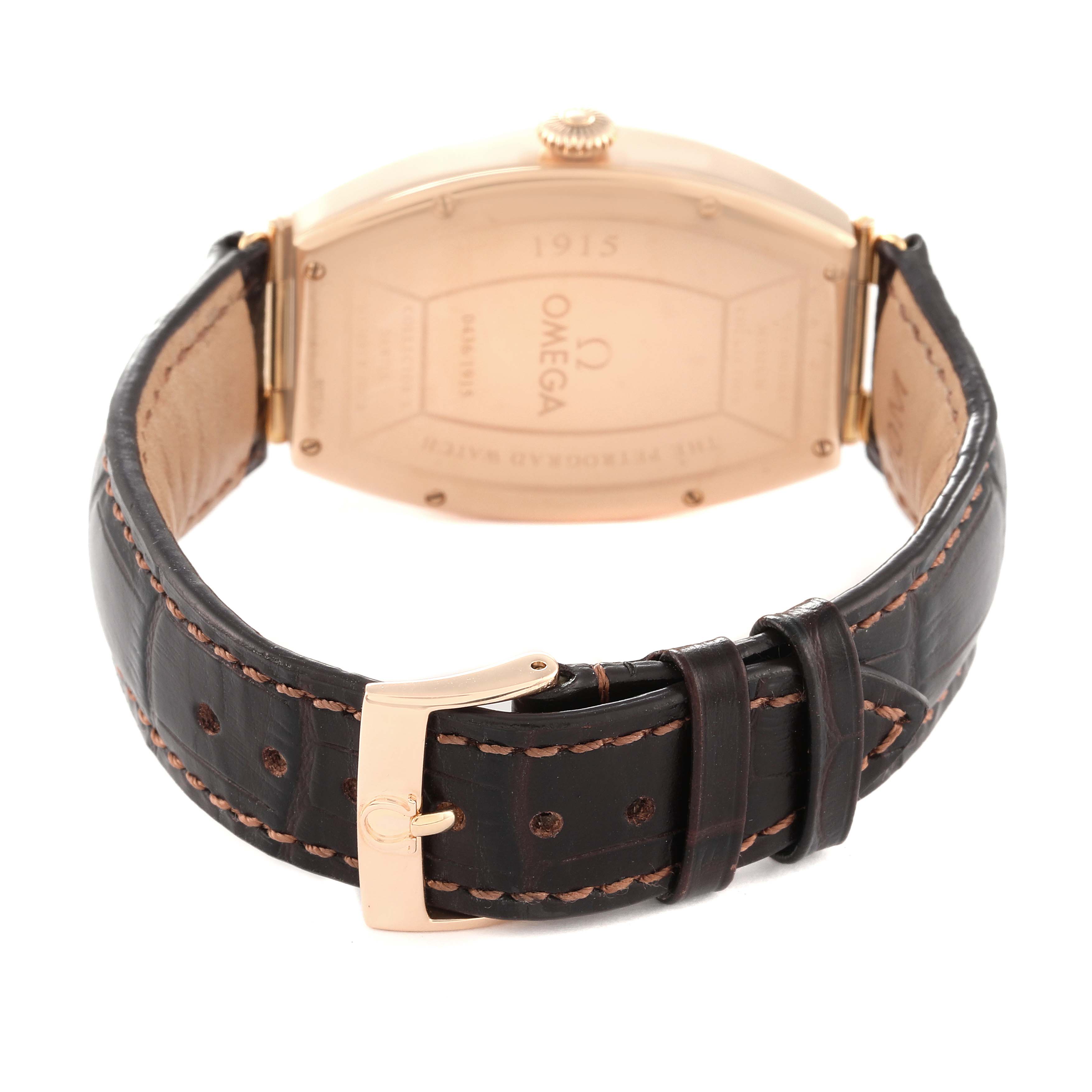 The image shows the back view of an Omega Museum 5703.30.01 Men's Rose Gold Beige Dial 5703.30.01 Men's Rose Gold Beige Dial model watch, displaying the leather strap and clasp.