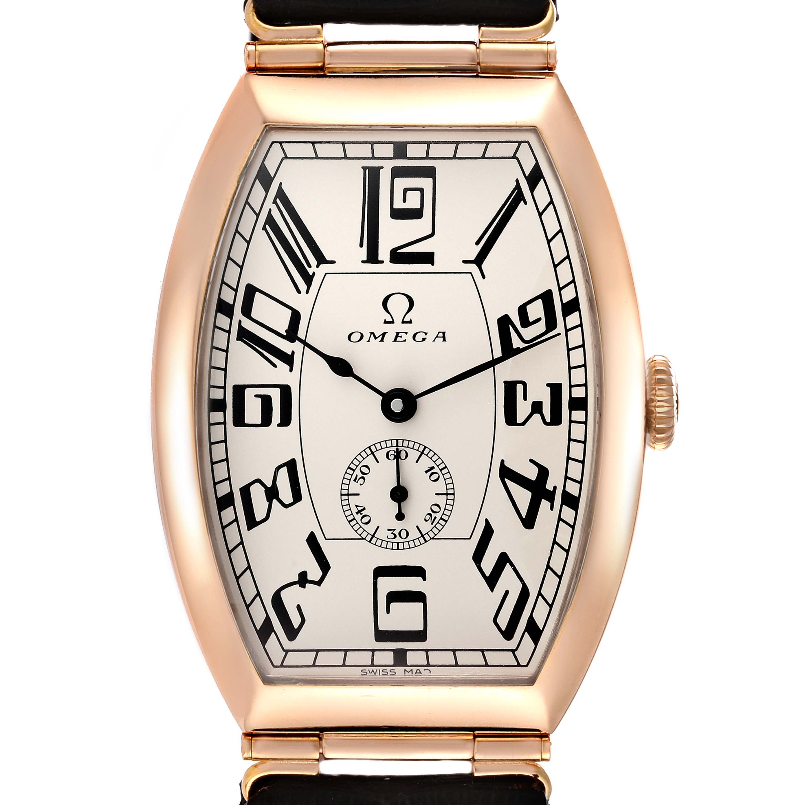 The image shows a front view of an Omega Museum 5703.30.01 Men's Rose Gold Beige Dial 5703.30.01 Men's Rose Gold Beige Dial model watch, highlighting its dial, case, and crown.