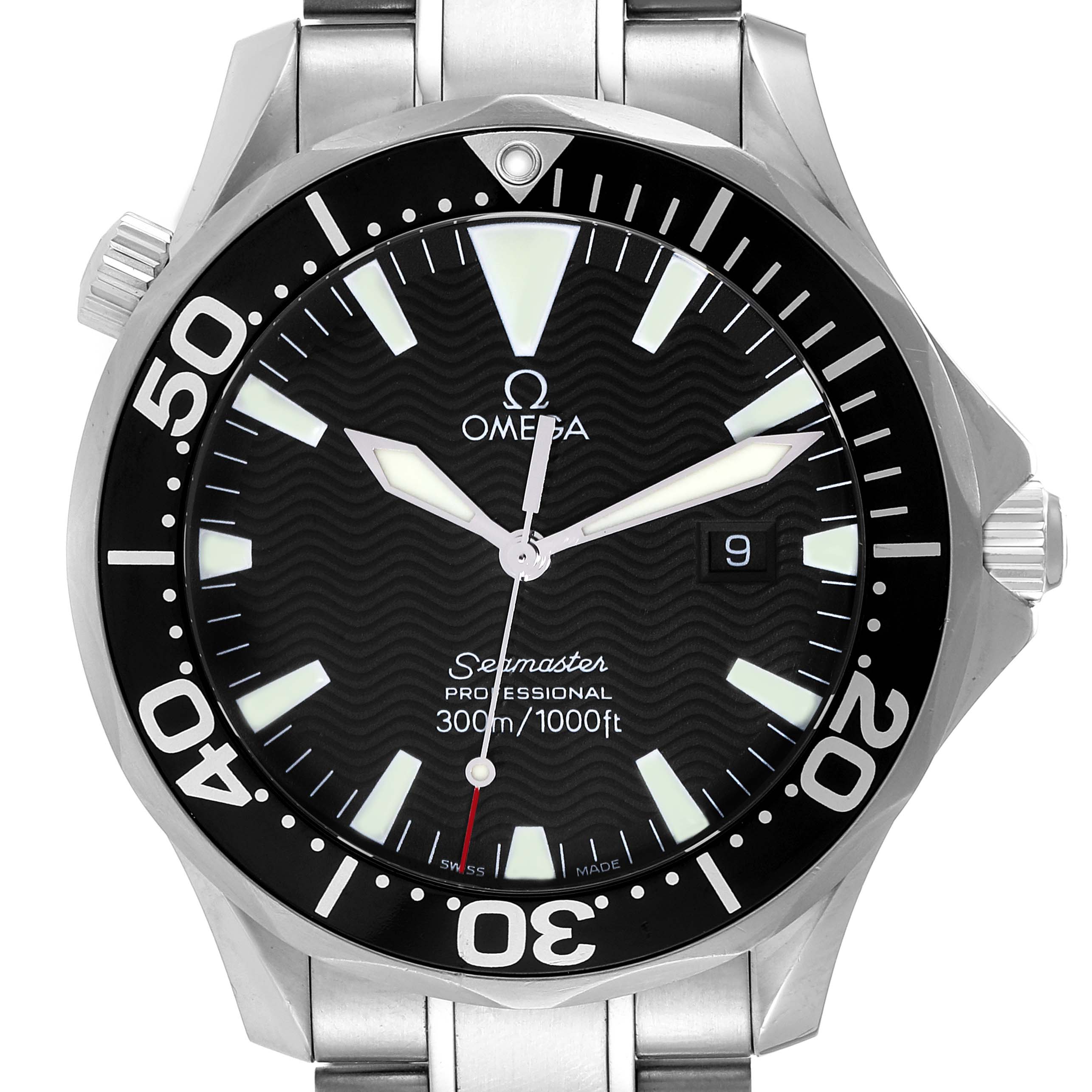 The image shows a close-up of the Omega Seamaster 2264.50.00 Men's Stainless Steel Black Dial 2264.50.00 Men's Stainless Steel Black Dial watch face, highlighting the dial, hands, bezel, and bracelet.