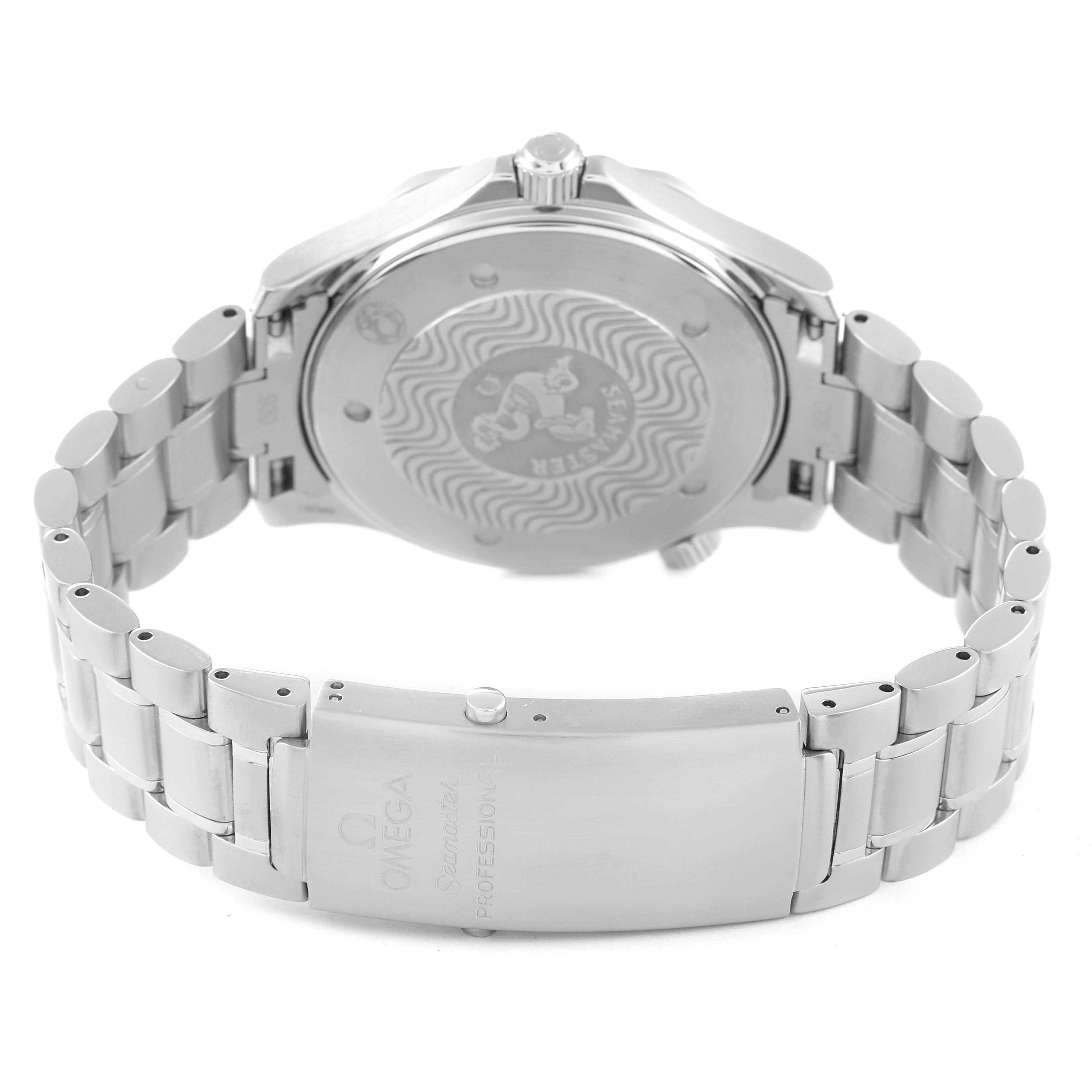 The image shows the back case and bracelet of the Omega Seamaster 2264.50.00 Men's Stainless Steel Black Dial 2264.50.00 Men's Stainless Steel Black Dial watch, with the clasp open and visible.