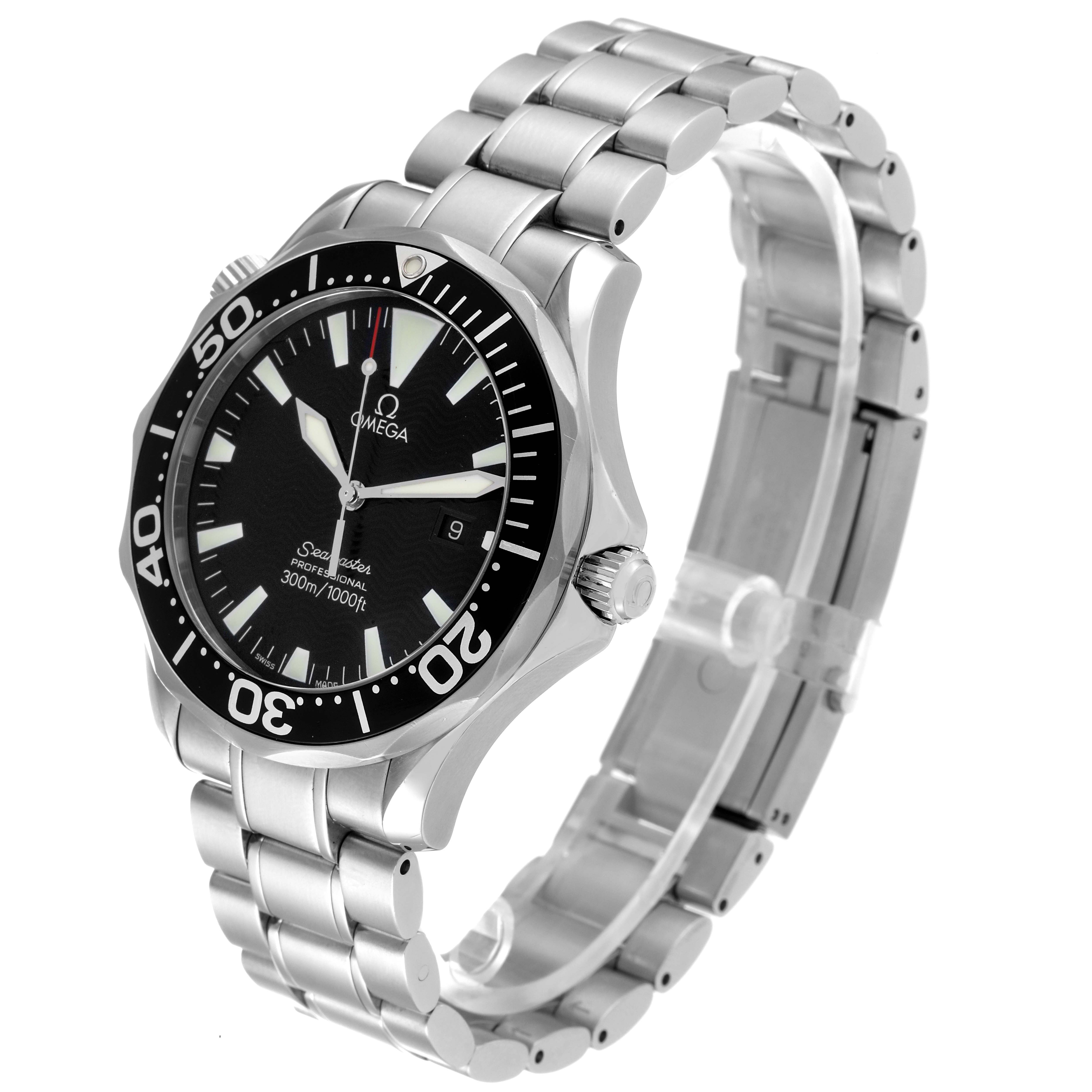 The image shows a front-side angle of an Omega Seamaster 2264.50.00 Men's Stainless Steel Black Dial 2264.50.00 Men's Stainless Steel Black Dial watch, highlighting the dial, bezel, case, and stainless steel bracelet.