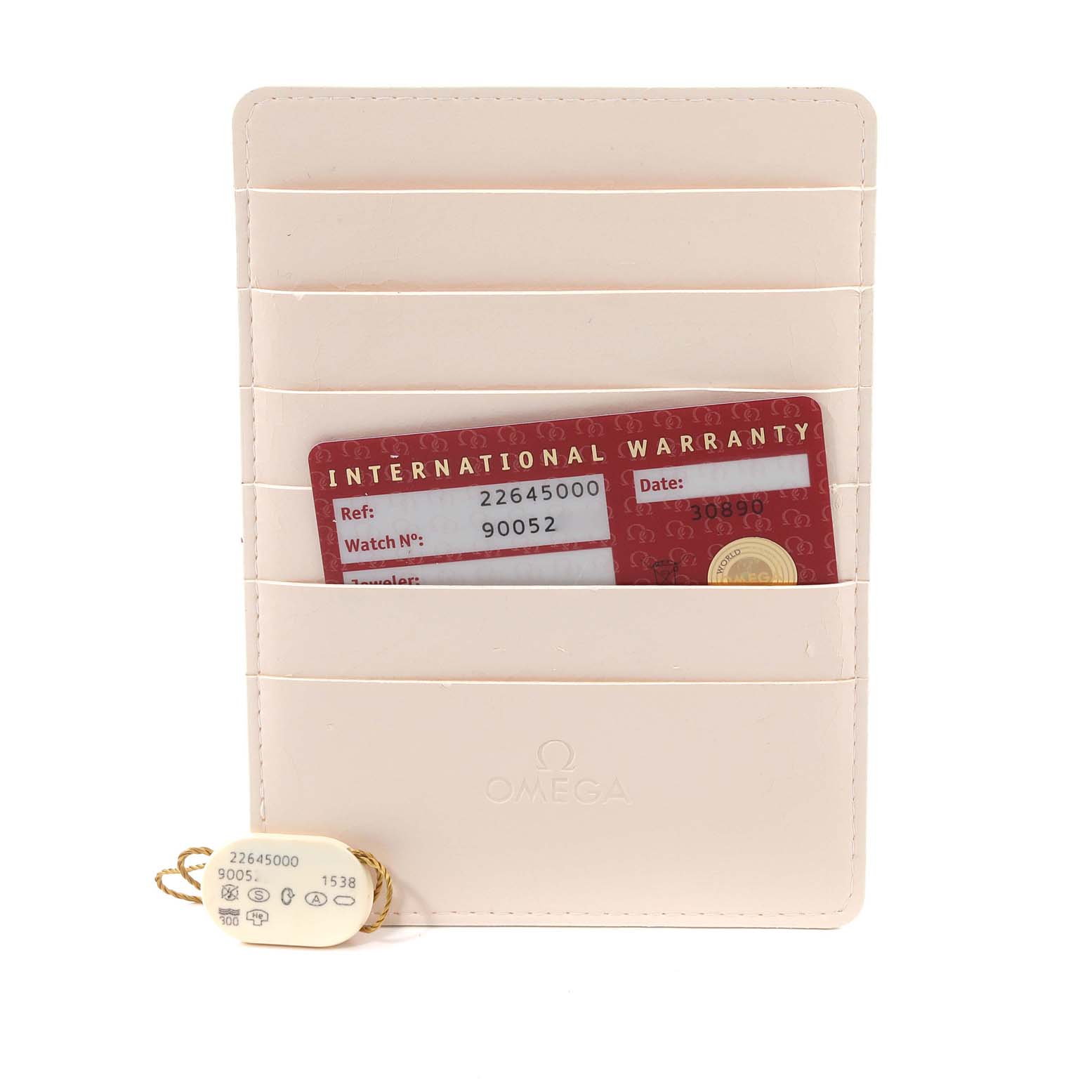 The image shows an Omega Seamaster 2264.50.00 Men's Stainless Steel Black Dial 2264.50.00 Men's Stainless Steel Black Dial warranty card and a tag with the model's reference number, placed in a cardholder.