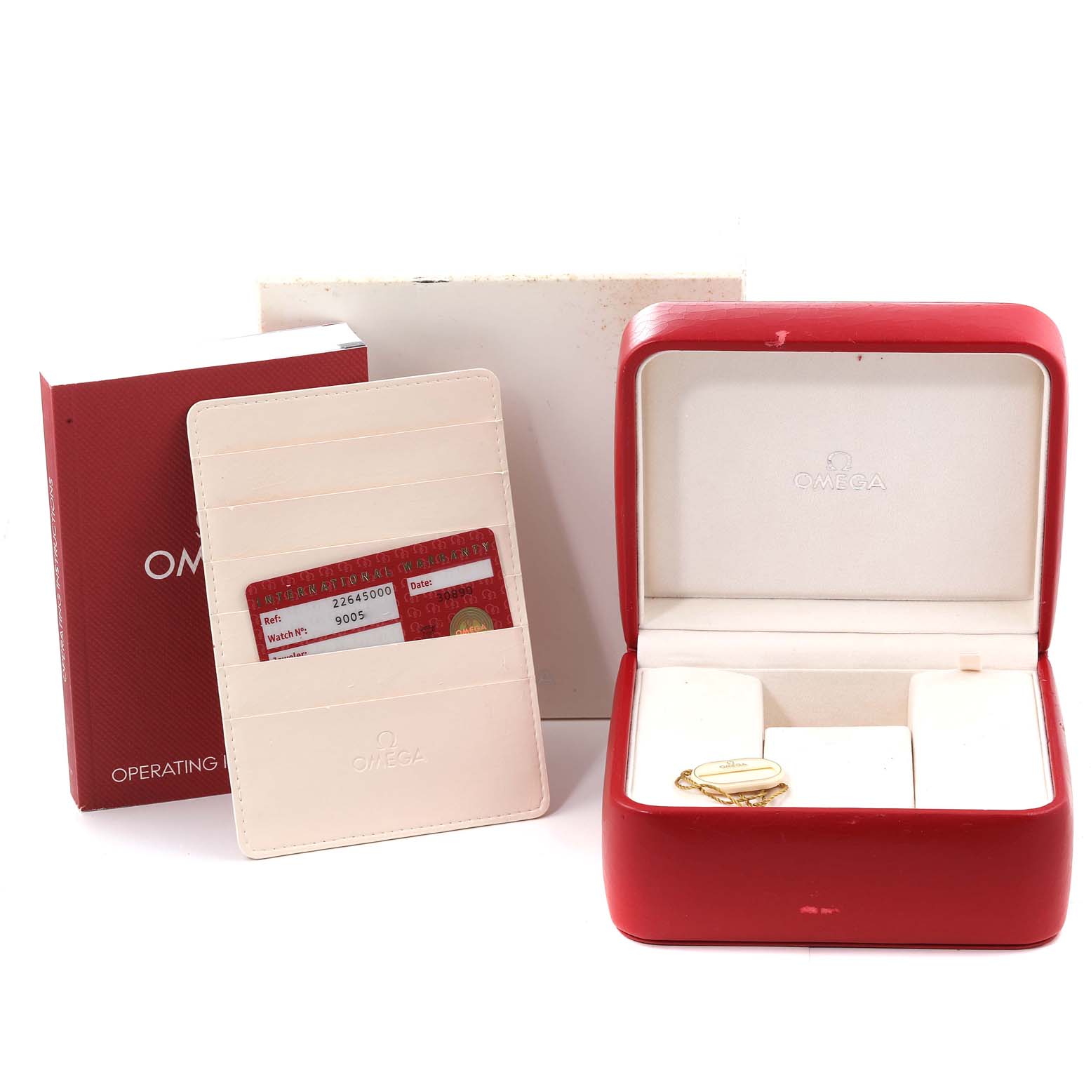 The image shows a red Omega watch box, an Omega operating manual, and a cardholder for the Omega Seamaster 2264.50.00 Men's Stainless Steel Black Dial 2264.50.00 Men's Stainless Steel Black Dial model.